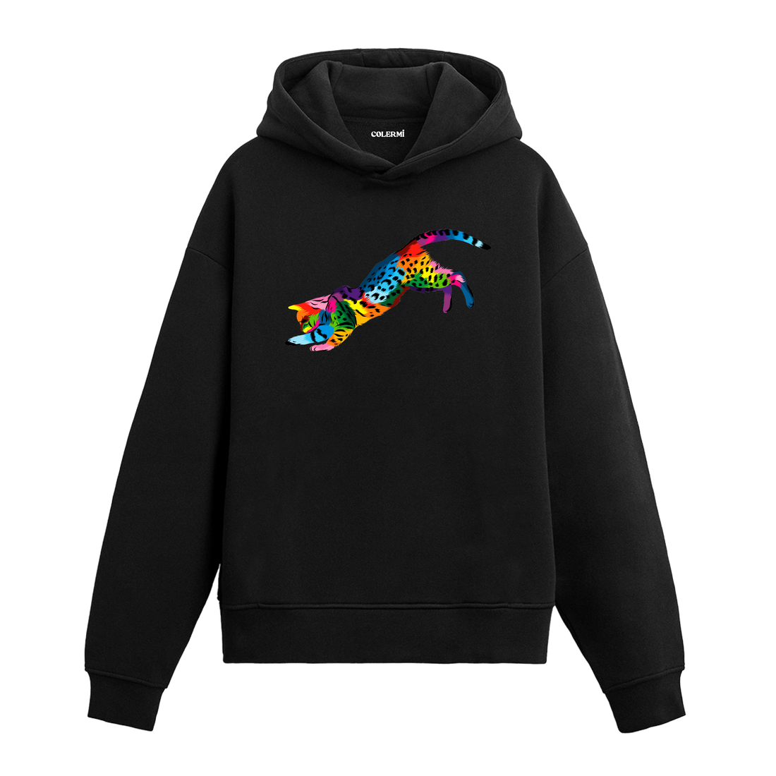 Siyah hoodie, Milo isimli renkli kedi baskısı, pamuklu unisex hoodie