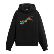 Siyah hoodie, Milo isimli renkli kedi baskısı, pamuklu unisex hoodie