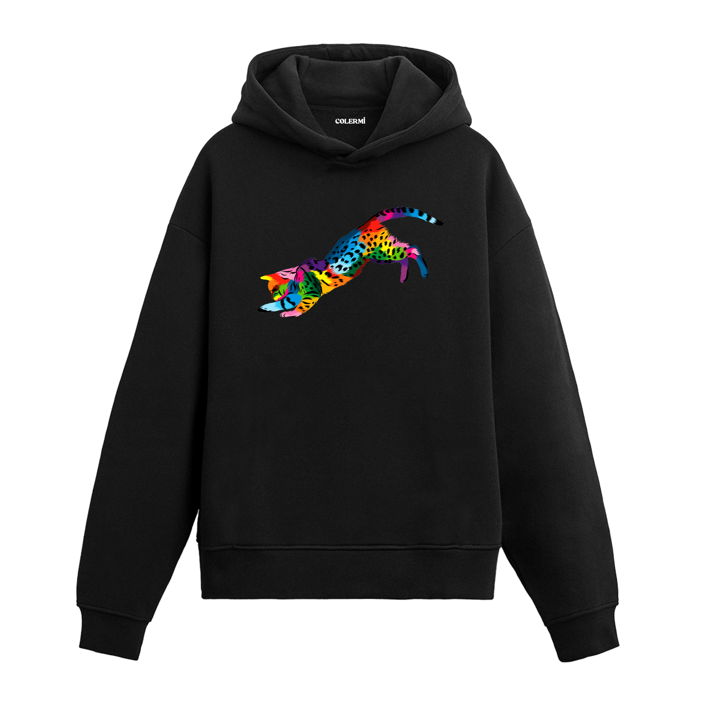 Siyah hoodie, Milo isimli renkli kedi baskısı, pamuklu unisex hoodie