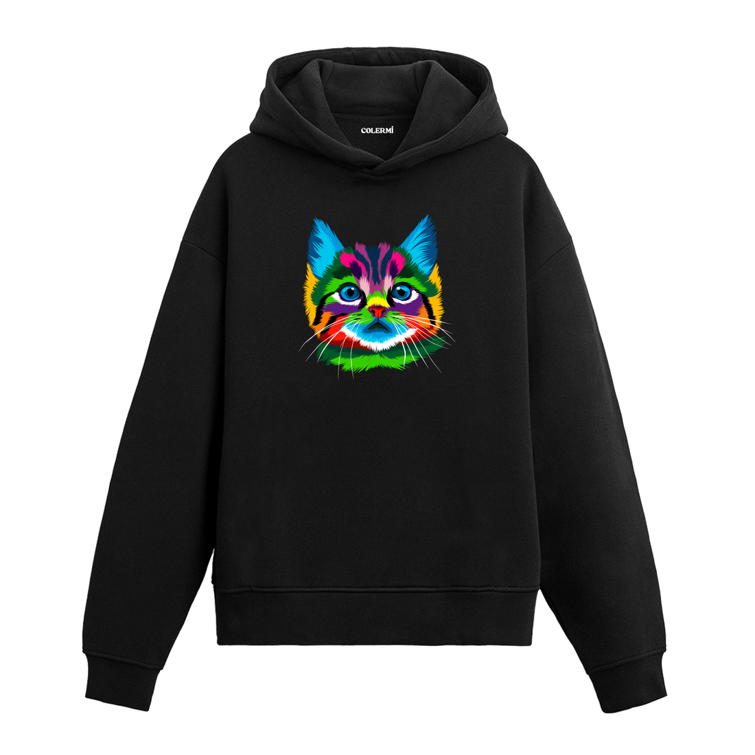 Siyah hoodie, Milo isimli renkli kedi baskısı, pamuklu unisex hoodie