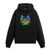 Siyah hoodie, Milo isimli renkli kedi baskısı, pamuklu unisex hoodie