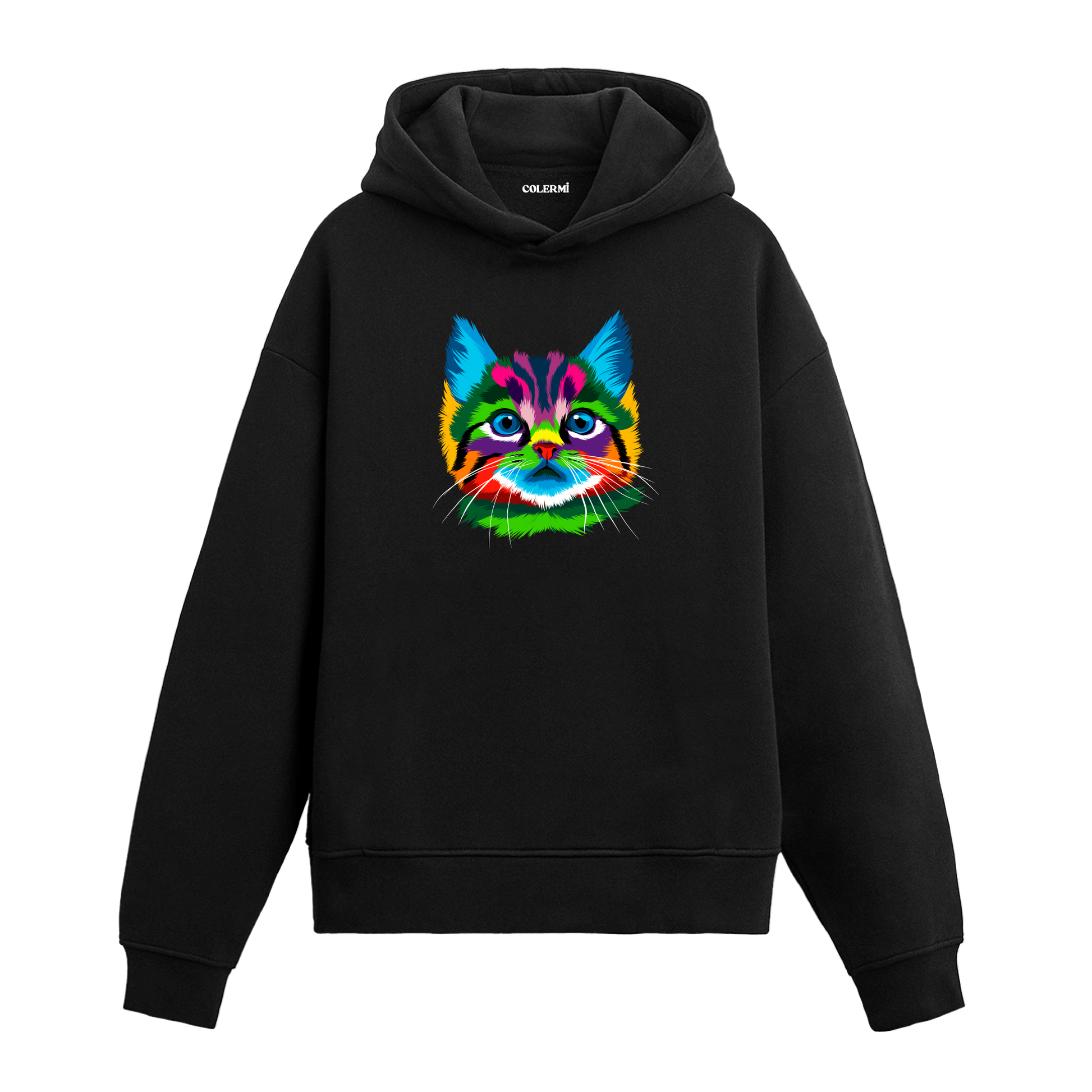Siyah hoodie, Milo isimli renkli kedi baskısı, pamuklu unisex hoodie