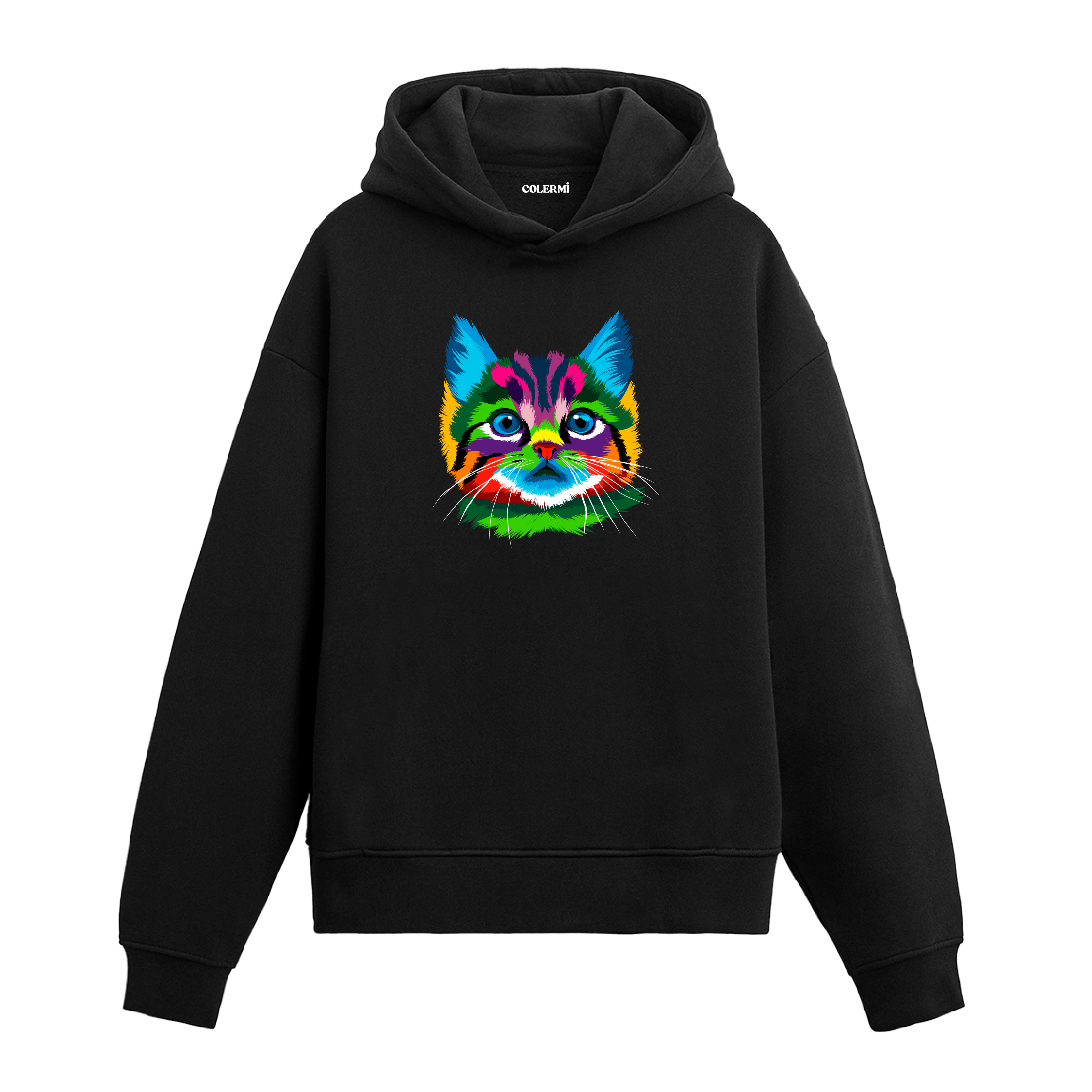 Siyah hoodie, Milo isimli renkli kedi baskısı, pamuklu unisex hoodie