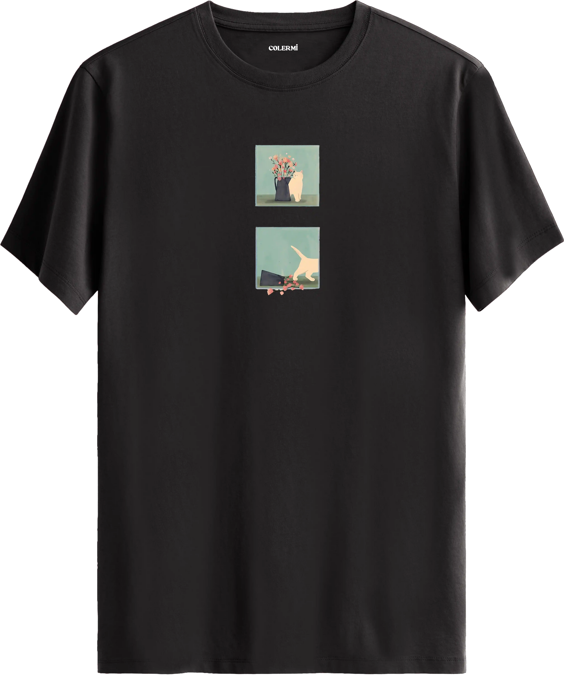 Minimal kedi baskılı antrasit tişört hikaye anlatan eğlenceli tasarım