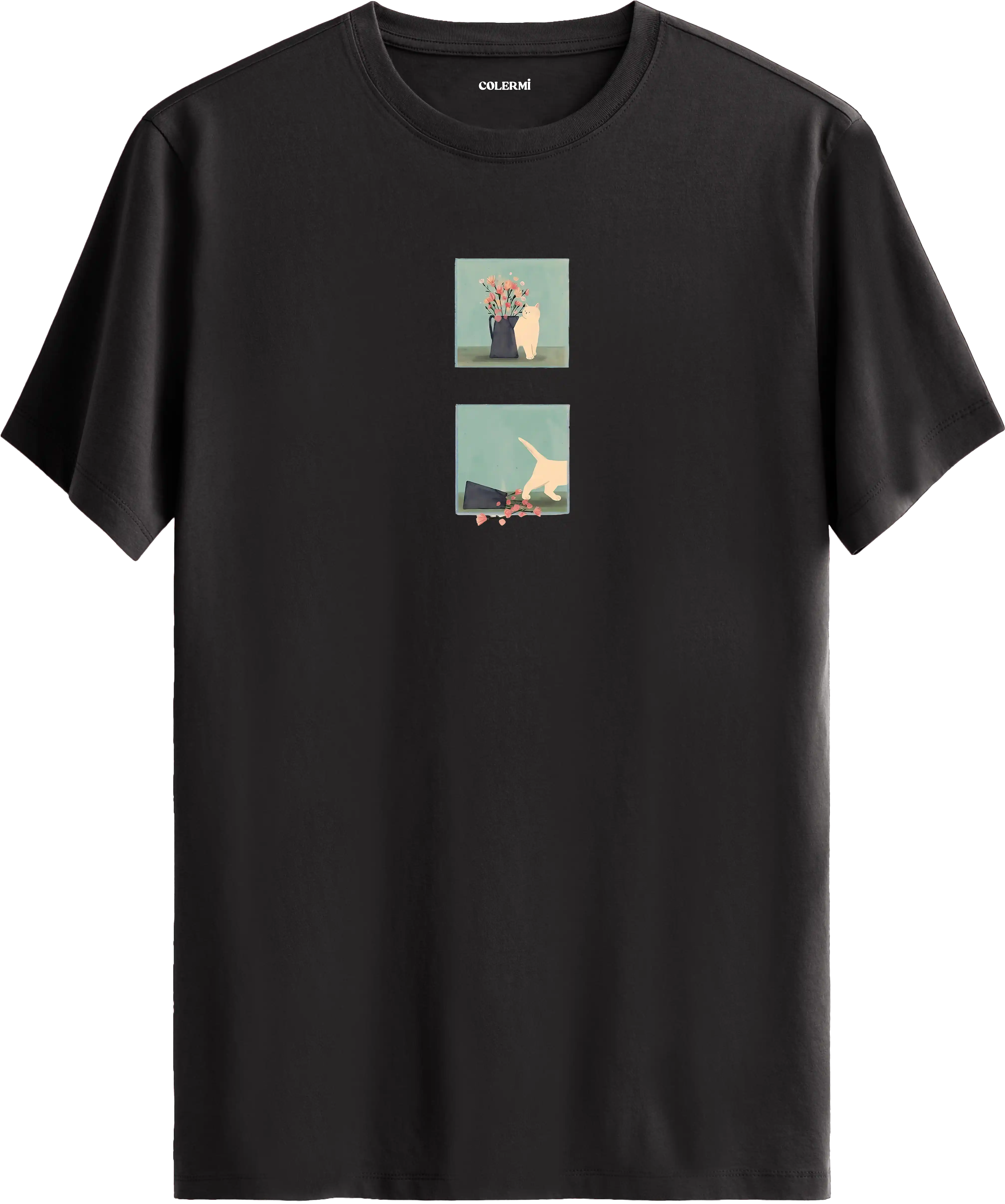 Minimal kedi baskılı antrasit tişört hikaye anlatan eğlenceli tasarım