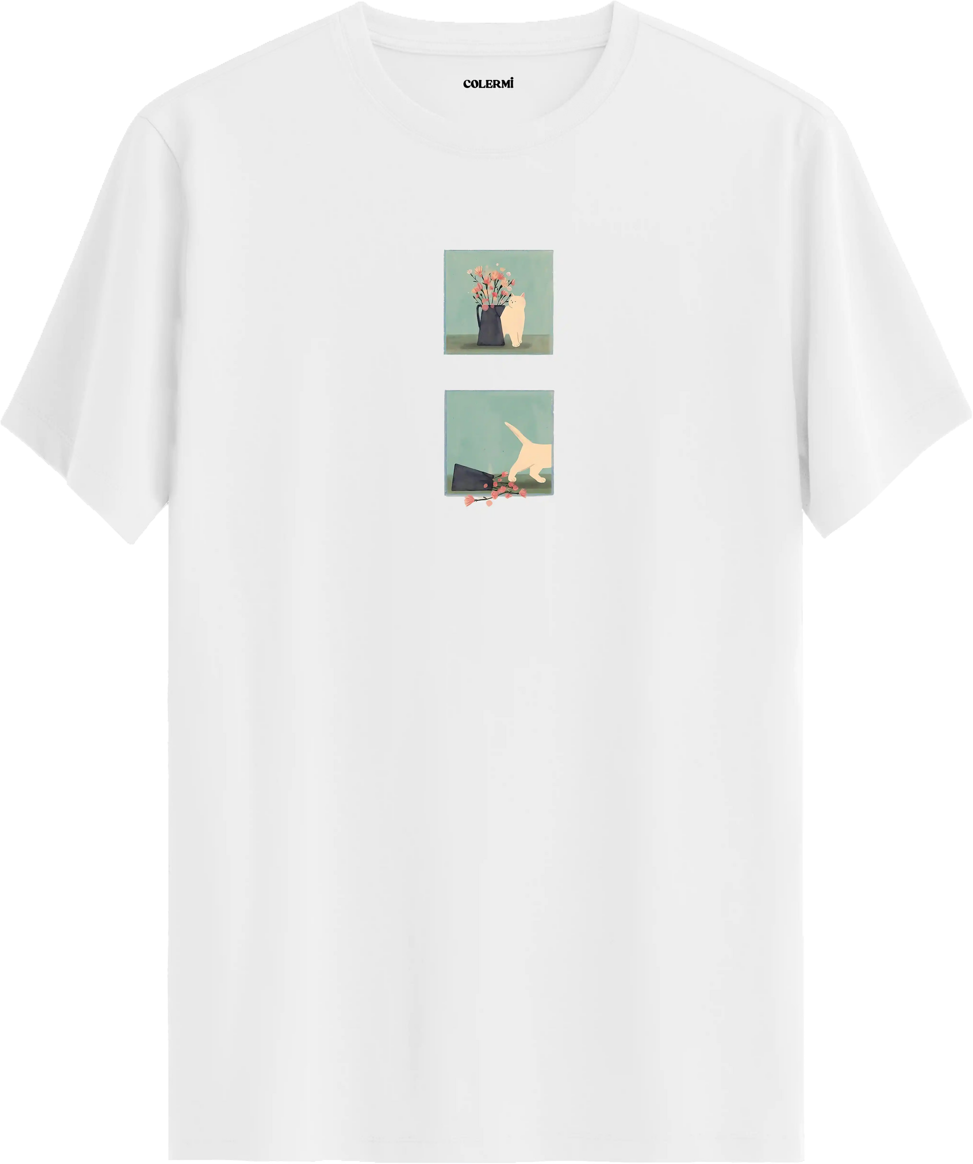 Minimal kedi baskılı beyaz tişört hikaye anlatan eğlenceli tasarım