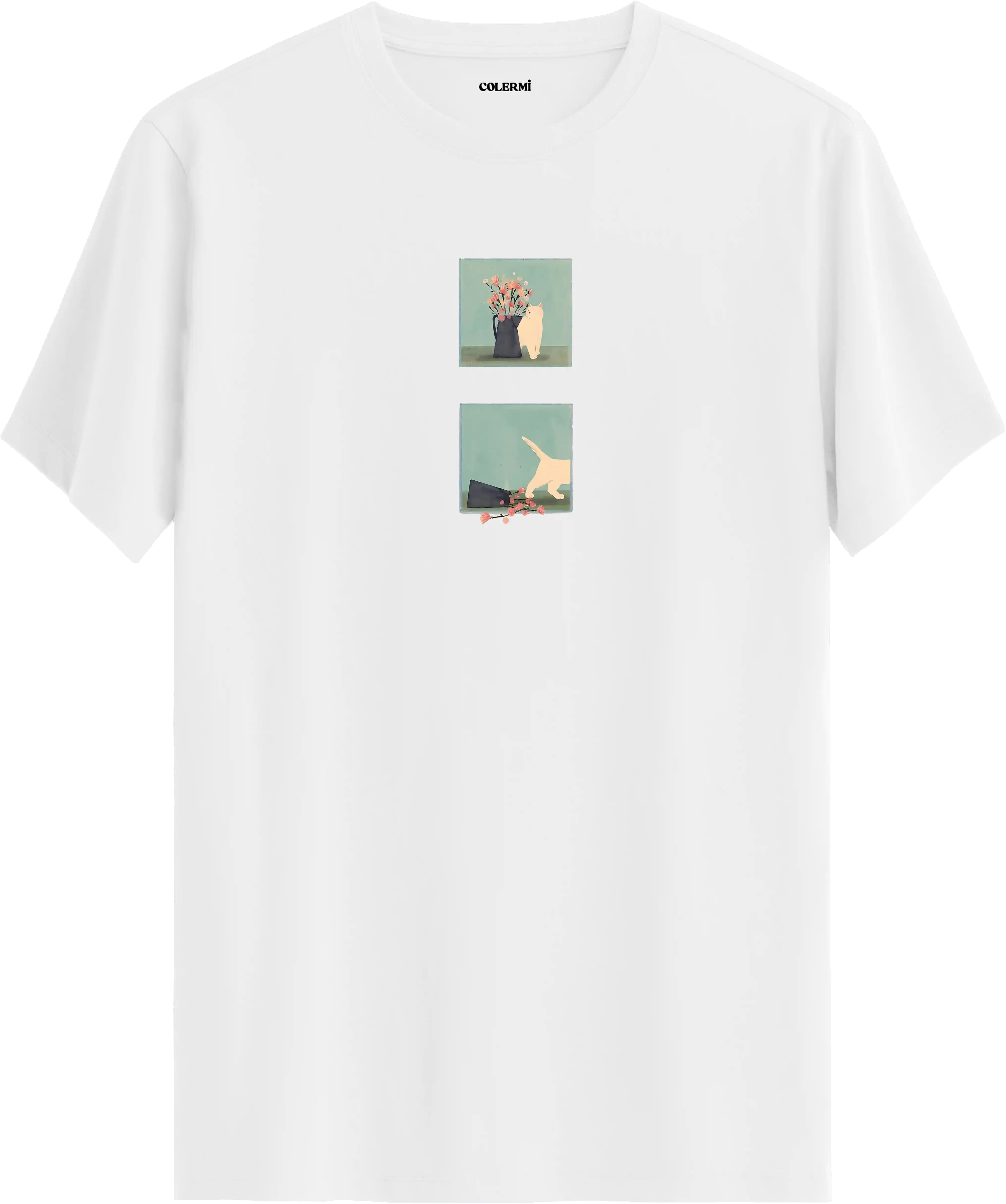 Minimal kedi baskılı beyaz tişört hikaye anlatan eğlenceli tasarım