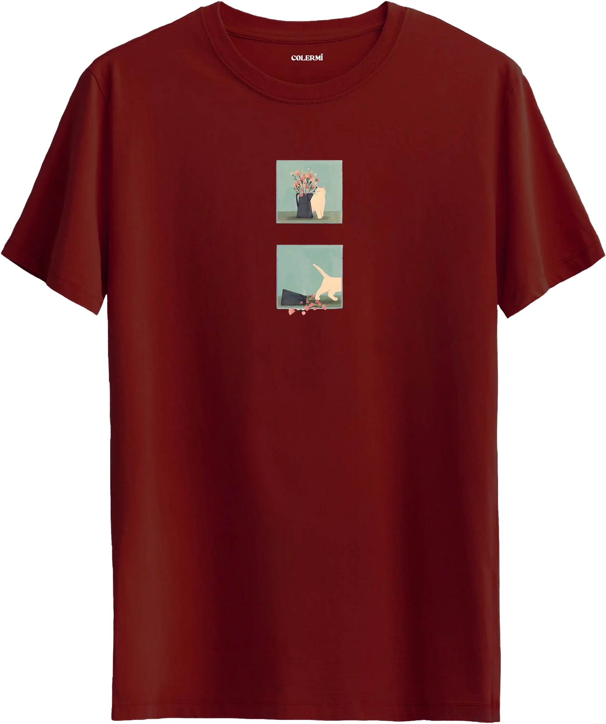 Minimal kedi baskılı bordo tişört hikaye anlatan eğlenceli tasarım