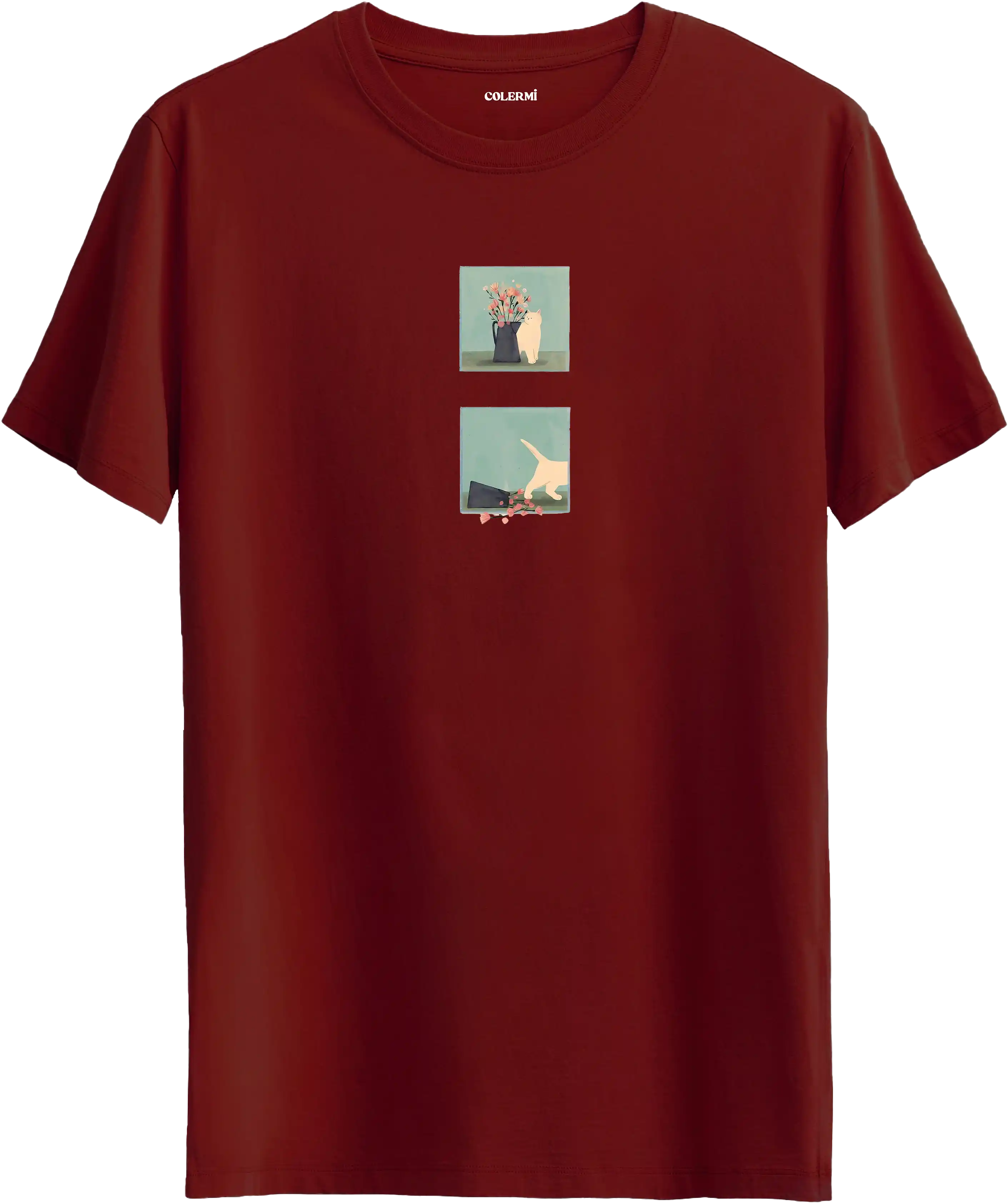 Minimal kedi baskılı bordo tişört hikaye anlatan eğlenceli tasarım