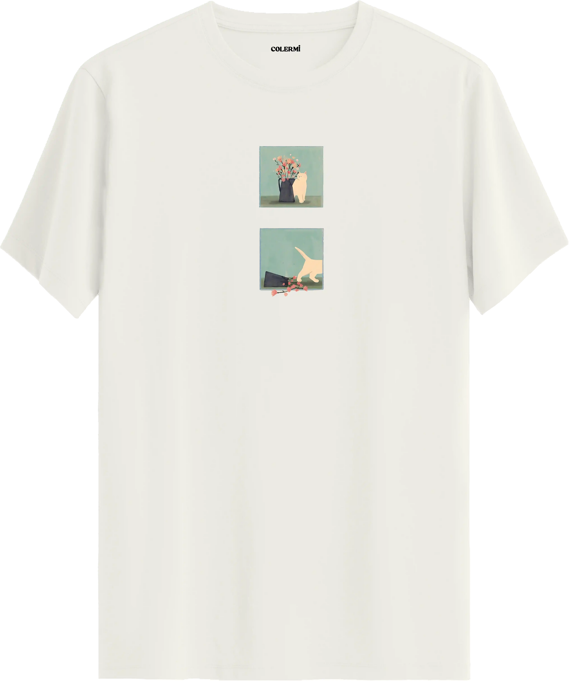 Minimal kedi baskılı ekru tişört hikaye anlatan eğlenceli tasarım