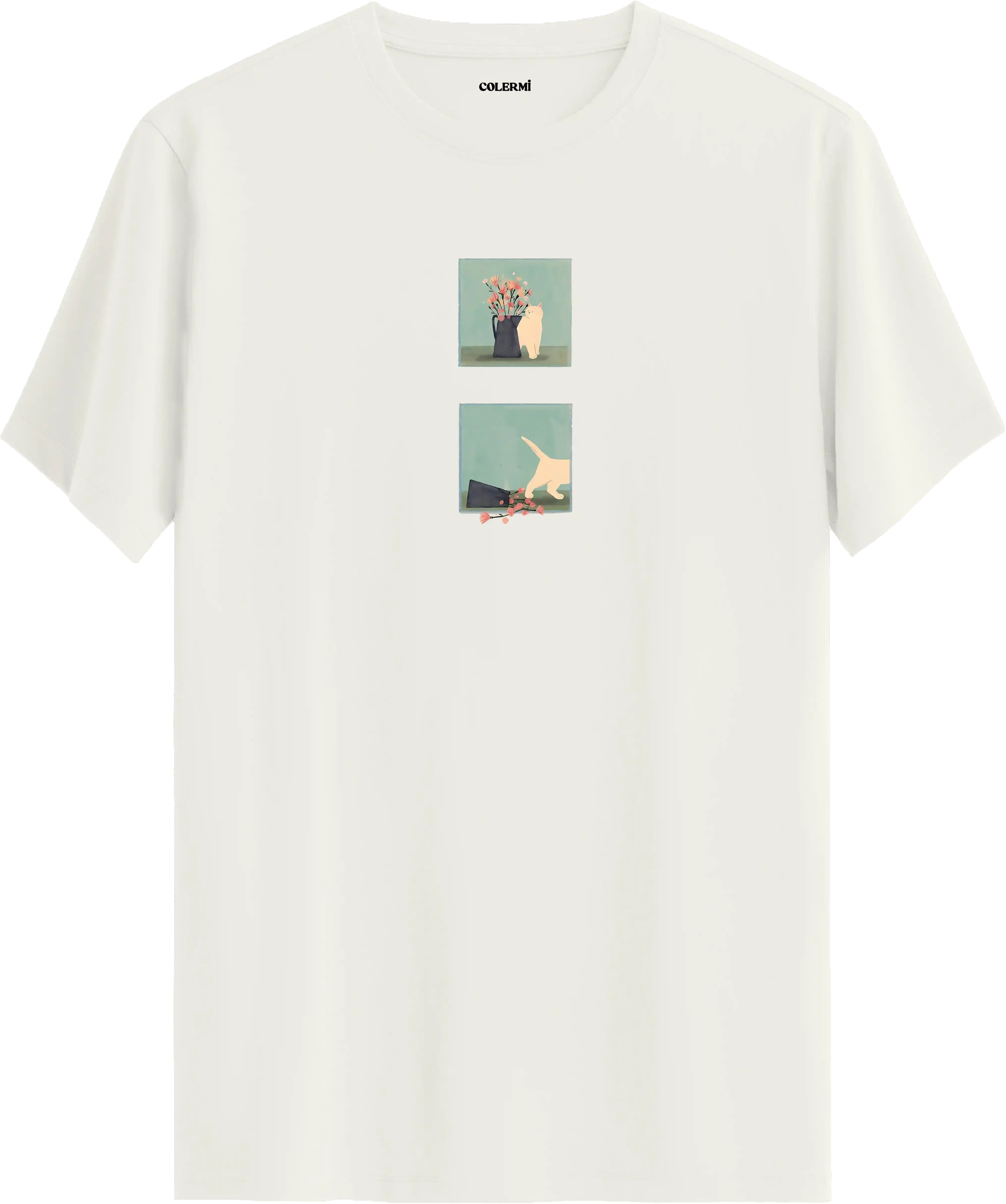 Minimal kedi baskılı ekru tişört hikaye anlatan eğlenceli tasarım