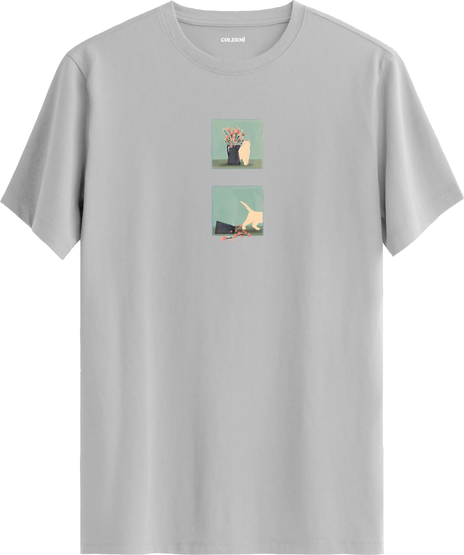 Minimal kedi baskılı gri tişört hikaye anlatan eğlenceli tasarım