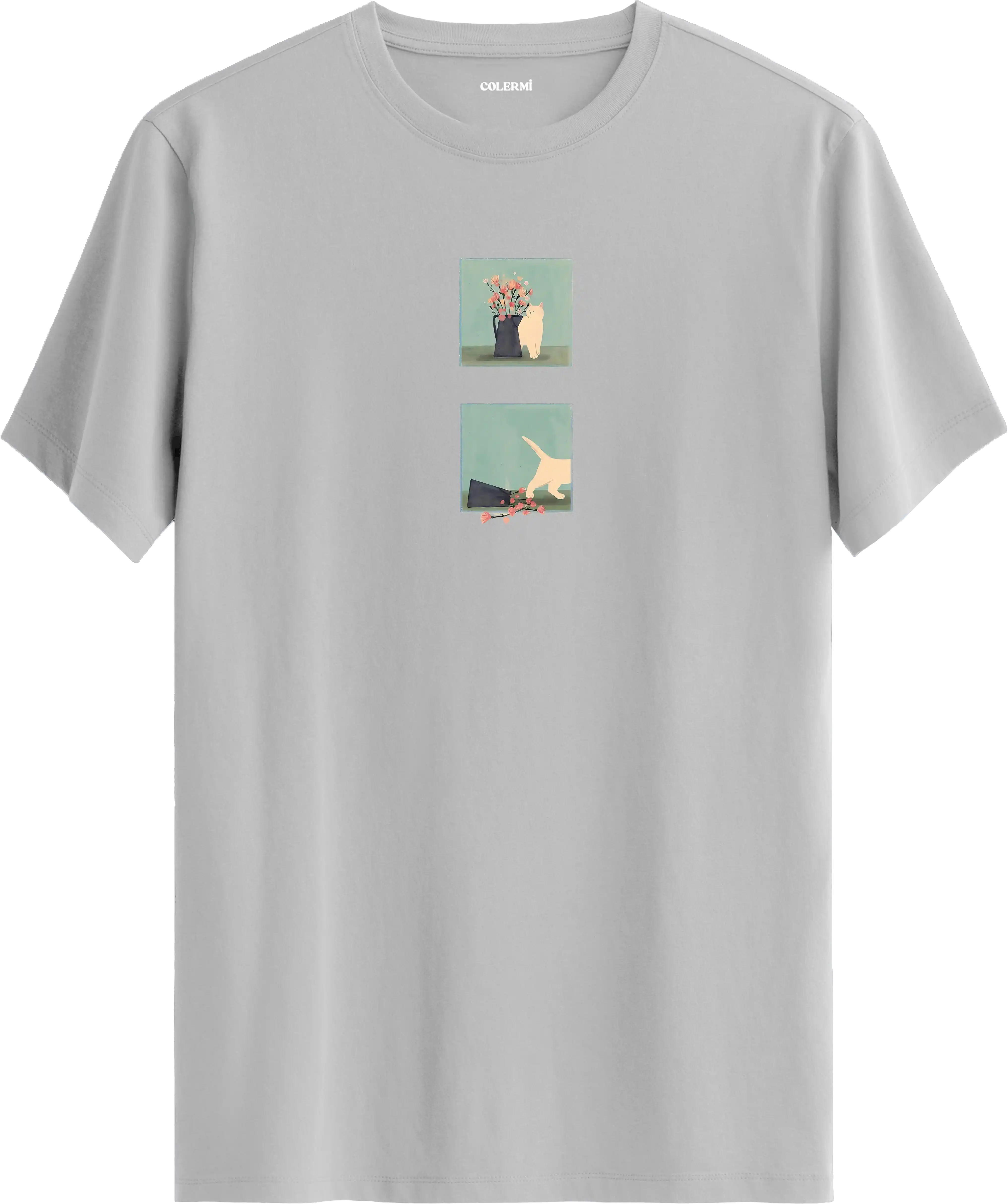 Minimal kedi baskılı gri tişört hikaye anlatan eğlenceli tasarım