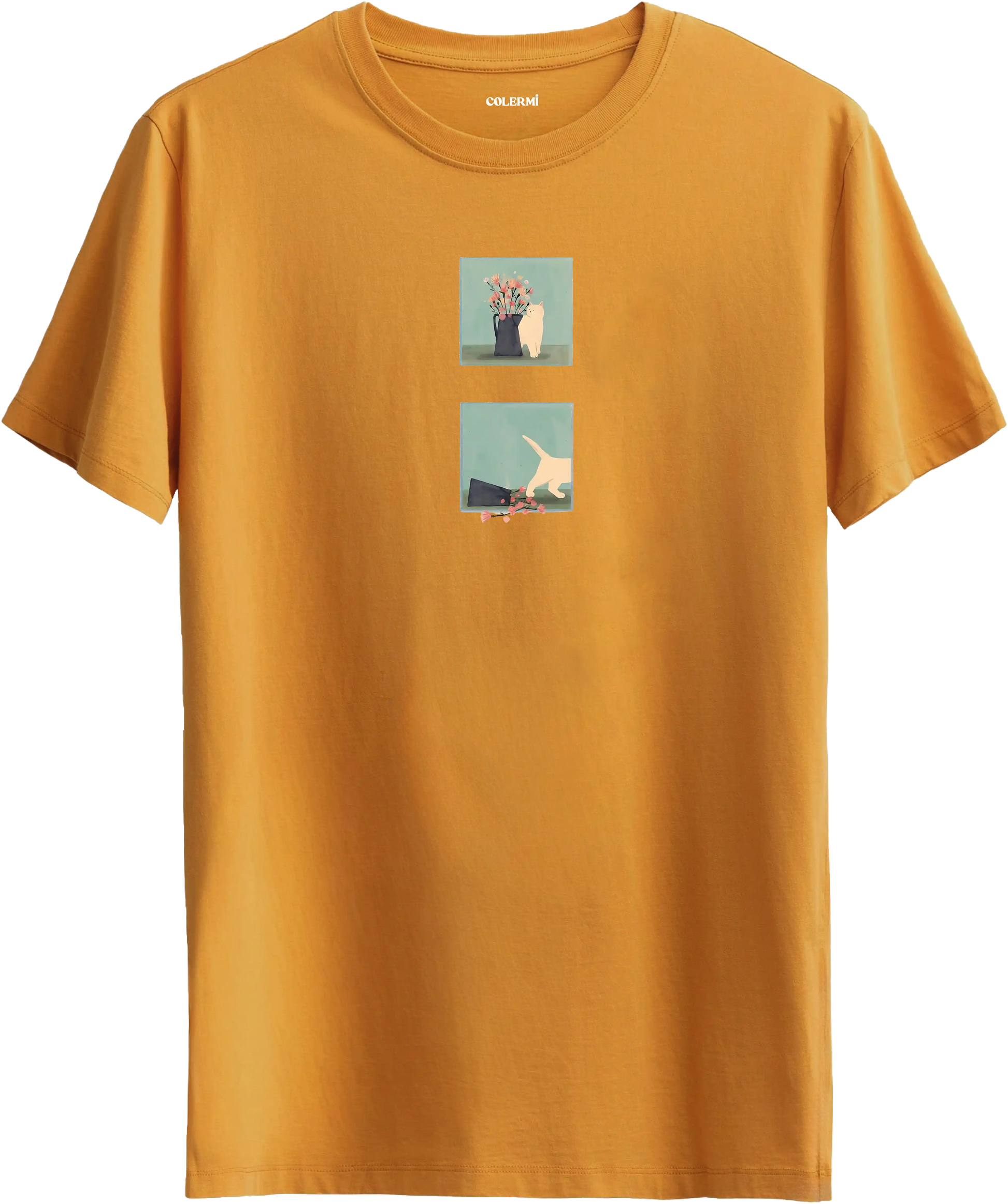 Minimal kedi baskılı hardal tişört hikaye anlatan eğlenceli tasarım