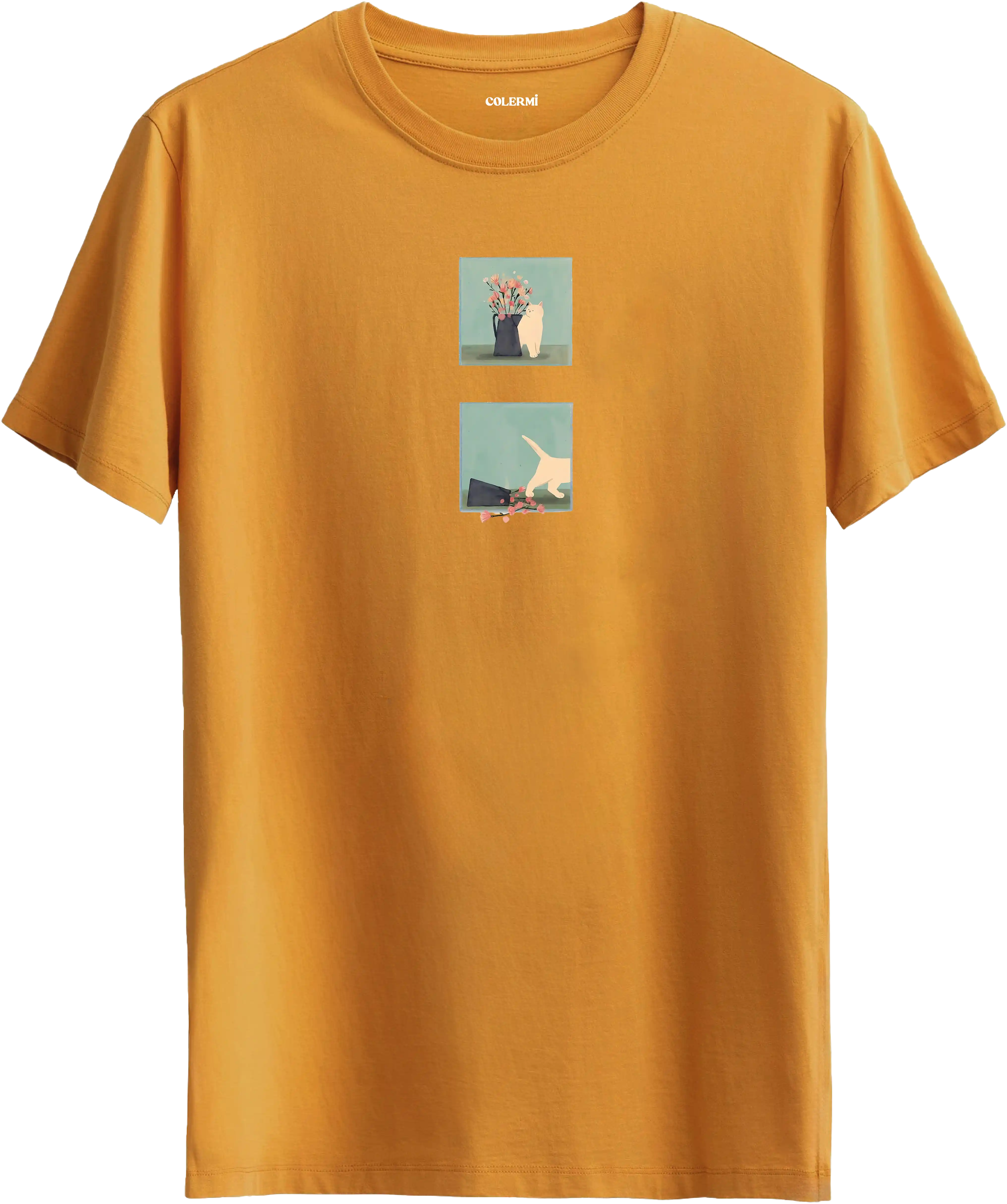 Minimal kedi baskılı hardal tişört hikaye anlatan eğlenceli tasarım