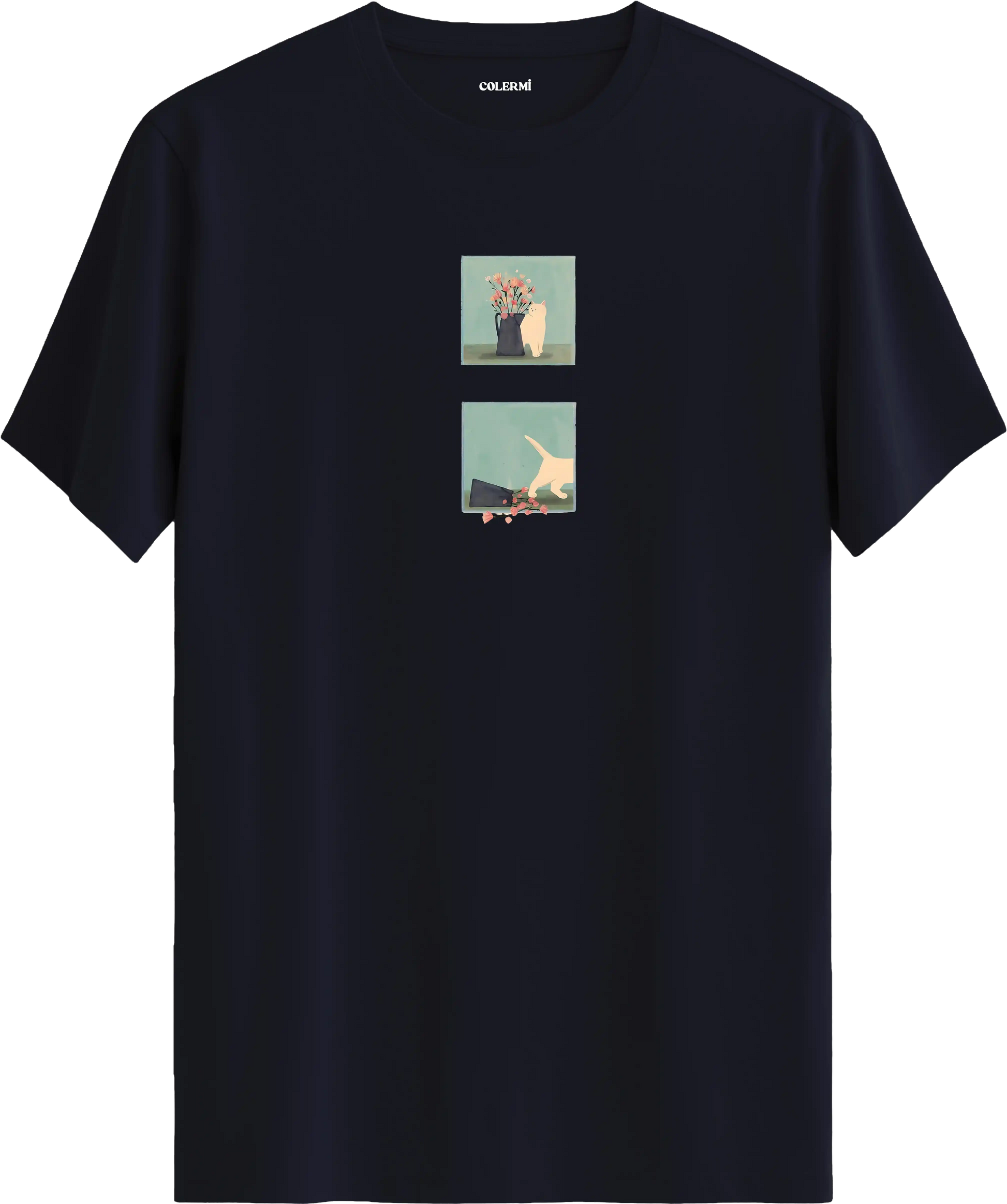 Minimal kedi baskılı lacivert tişört hikaye anlatan eğlenceli tasarım