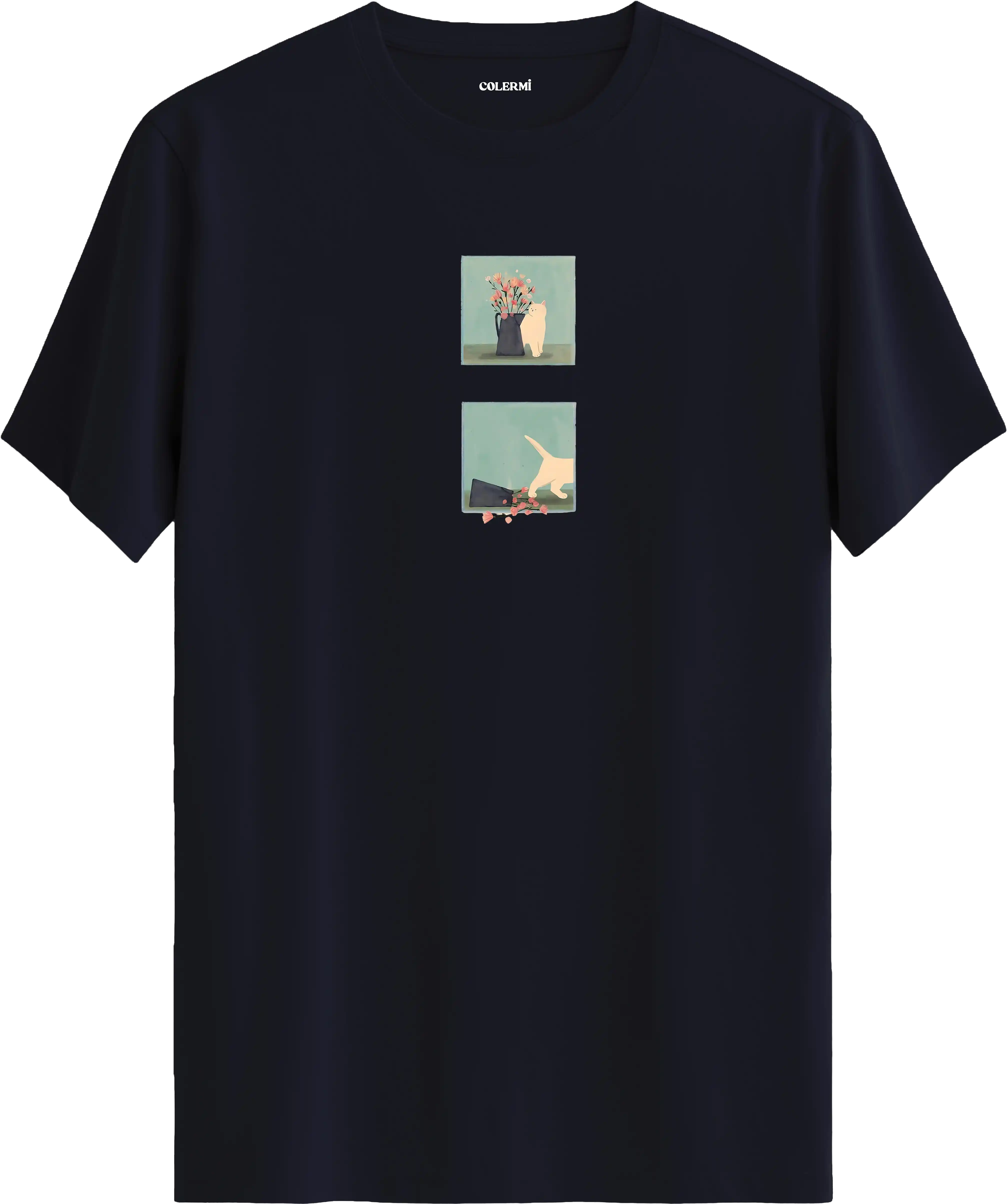 Minimal kedi baskılı lacivert tişört hikaye anlatan eğlenceli tasarım