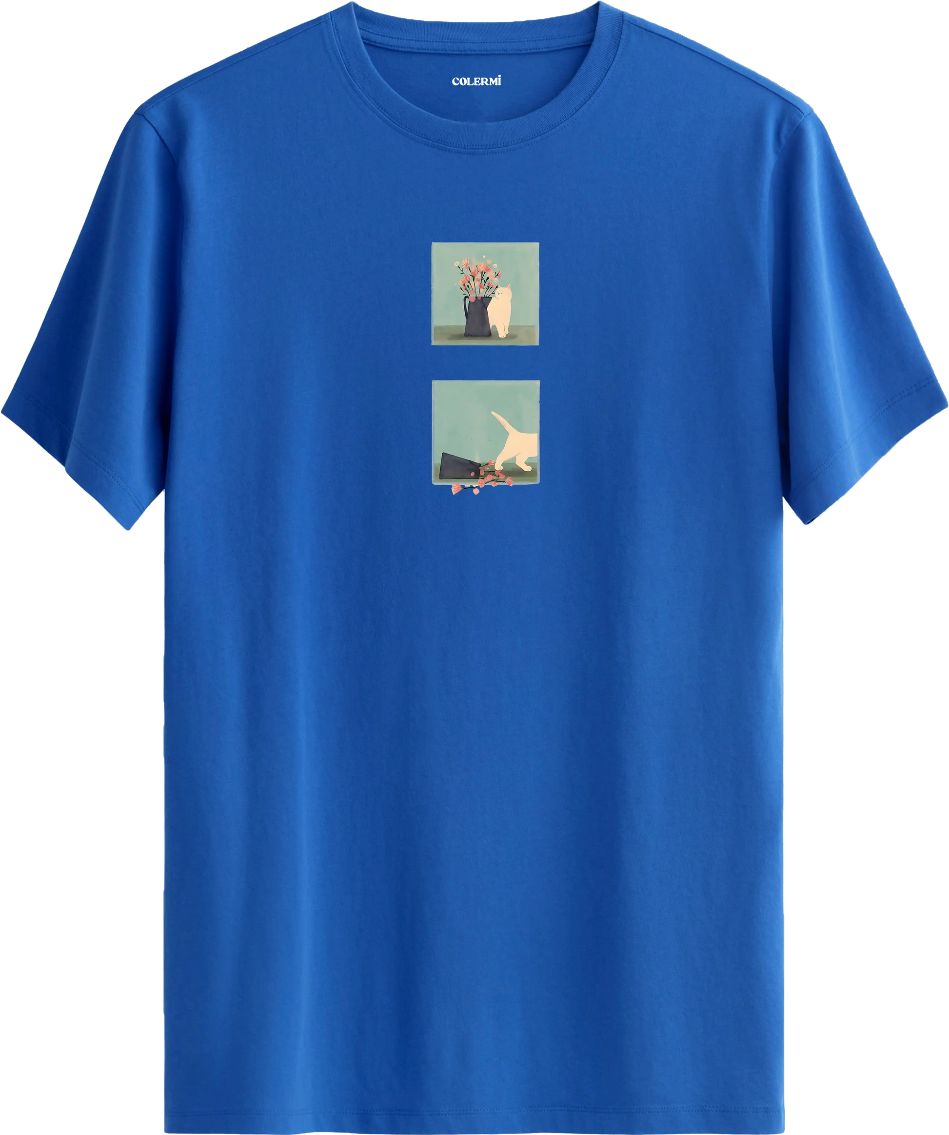 Minimal kedi baskılı mavi tişört hikaye anlatan eğlenceli tasarım