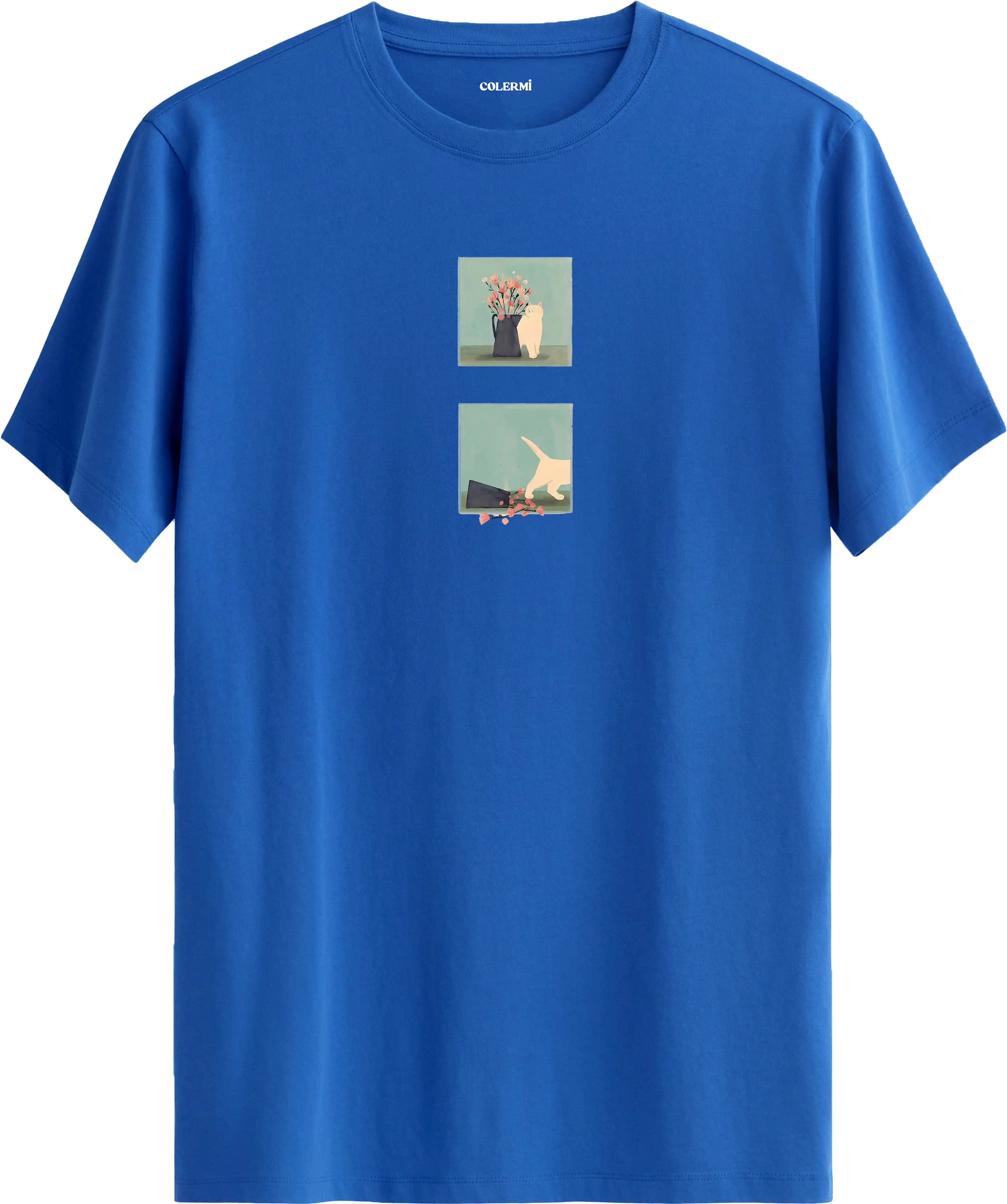 Minimal kedi baskılı mavi tişört hikaye anlatan eğlenceli tasarım