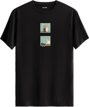 Minimal kedi baskılı siyah tişört hikaye anlatan eğlenceli tasarım