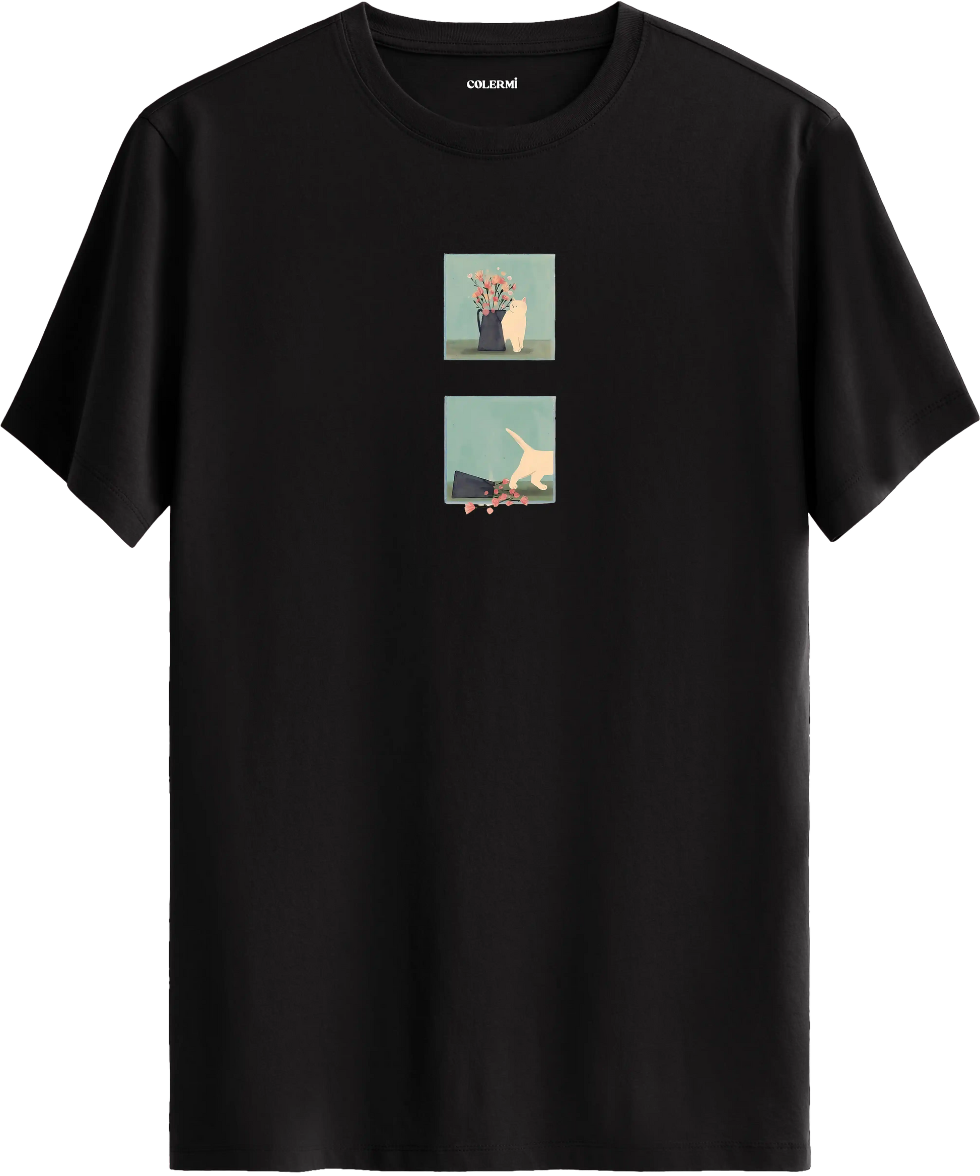 Minimal kedi baskılı siyah tişört hikaye anlatan eğlenceli tasarım