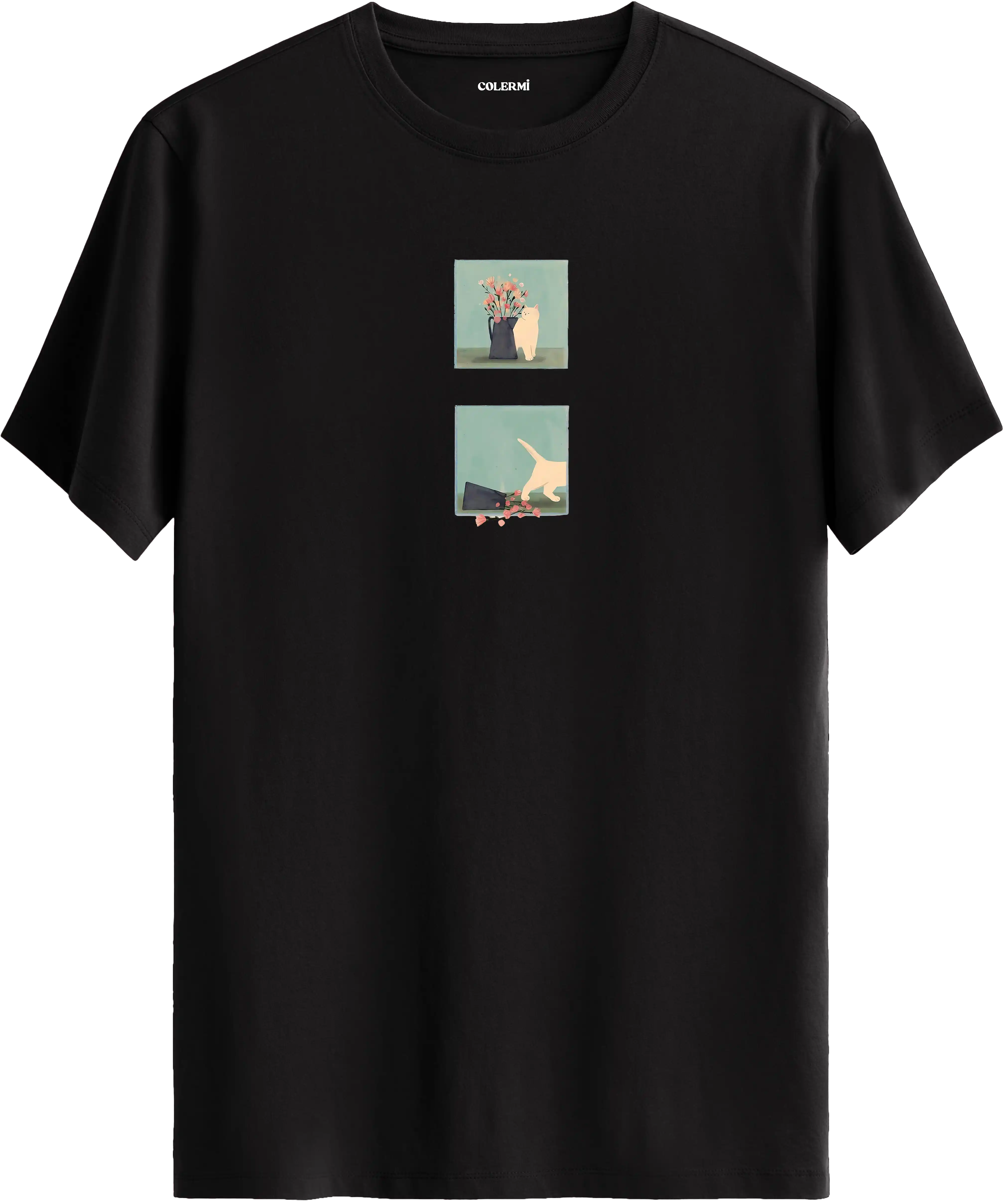 Minimal kedi baskılı siyah tişört hikaye anlatan eğlenceli tasarım