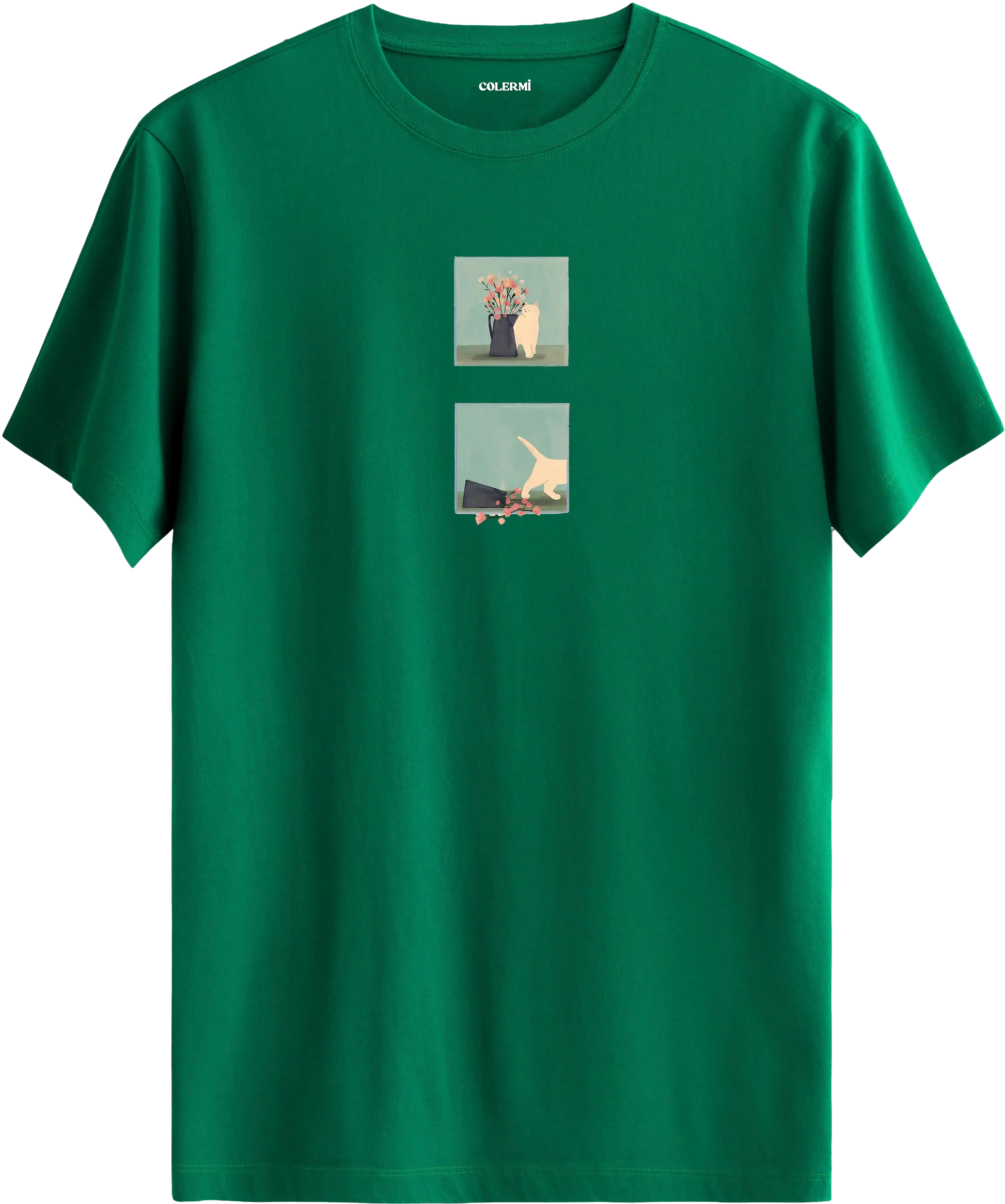 Minimal kedi baskılı yeşil tişört hikaye anlatan eğlenceli tasarım