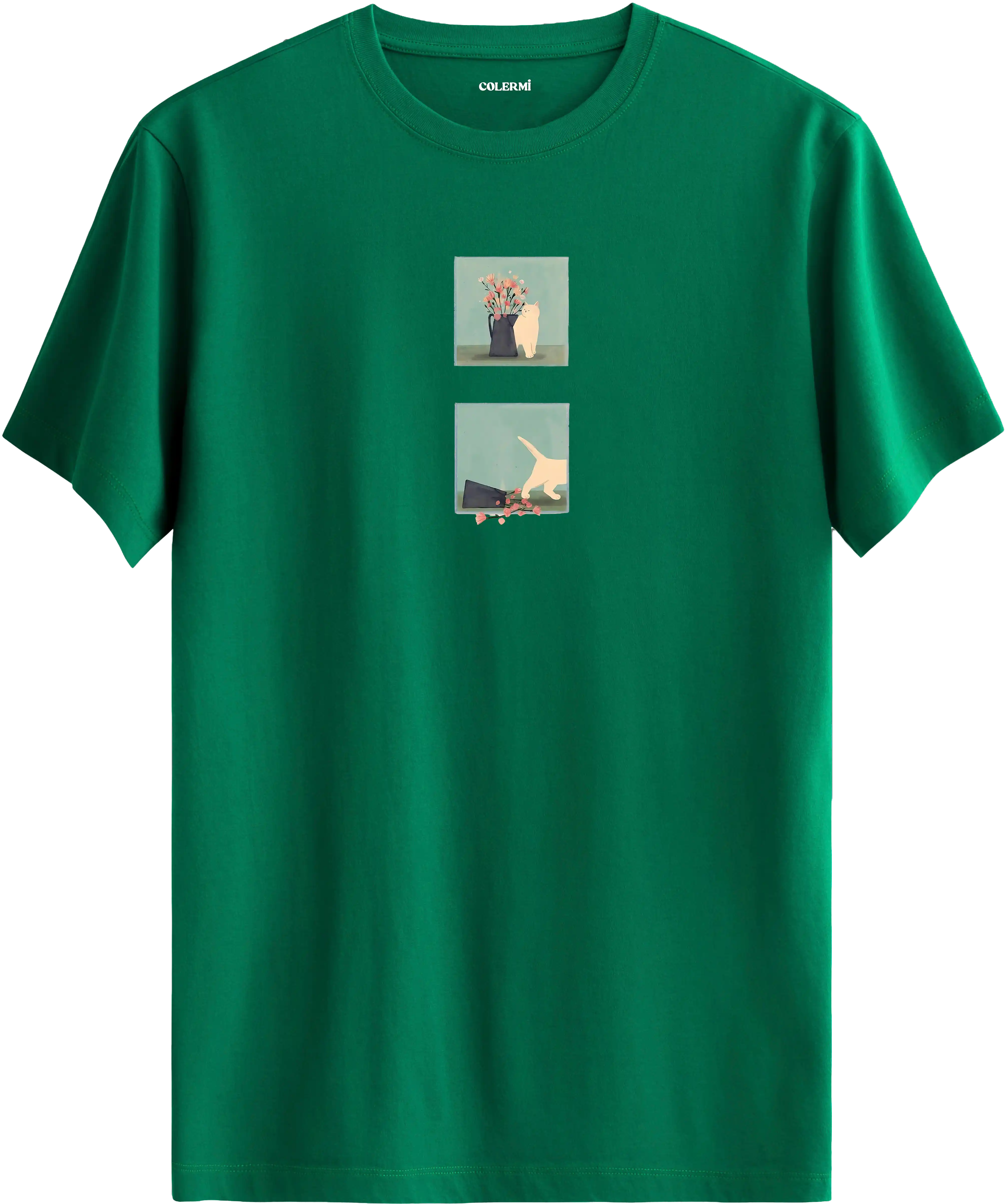 Minimal kedi baskılı yeşil tişört hikaye anlatan eğlenceli tasarım