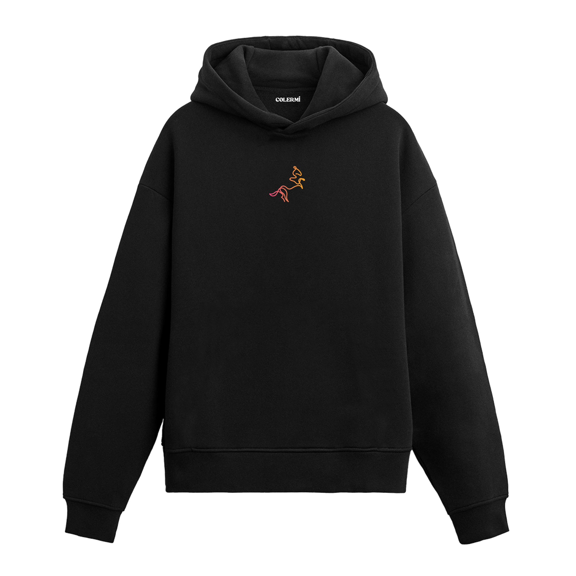 Siyah hoodie üzerinde çizgisel at figürü baskısı