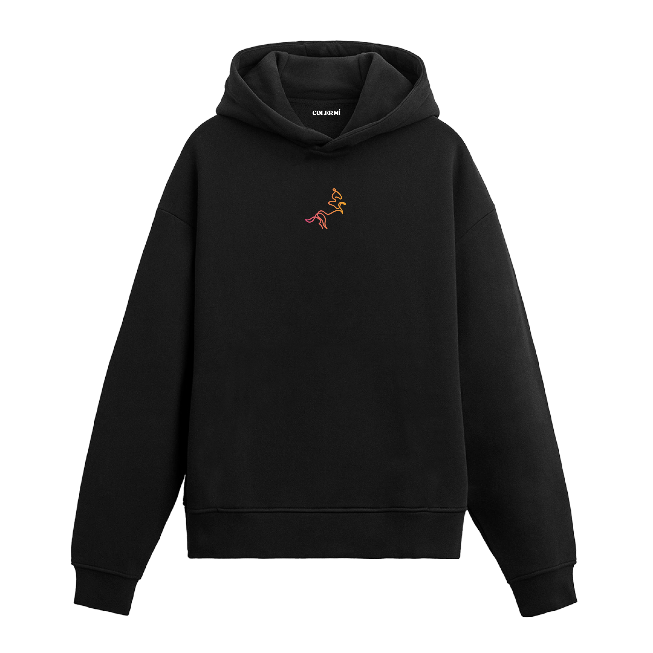 Siyah hoodie üzerinde çizgisel at figürü baskısı