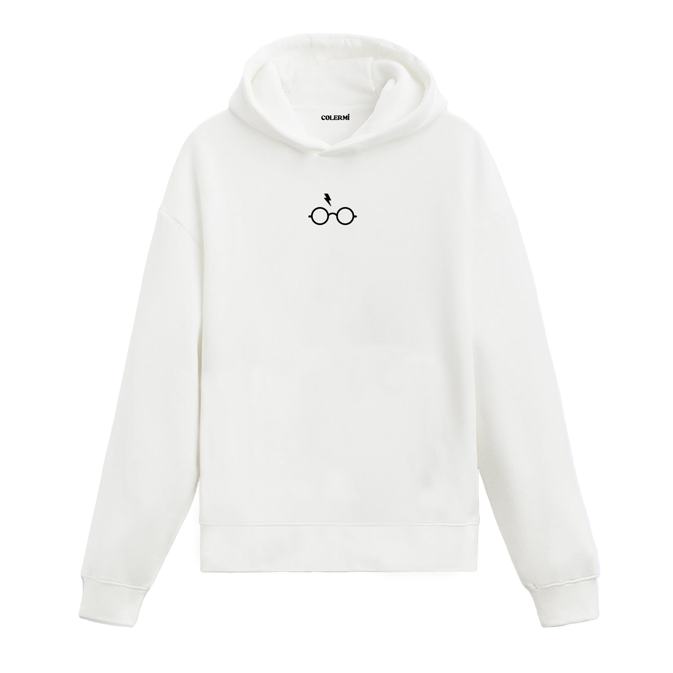 Beyaz hoodie üzerinde gözlük ve şimşek baskısı