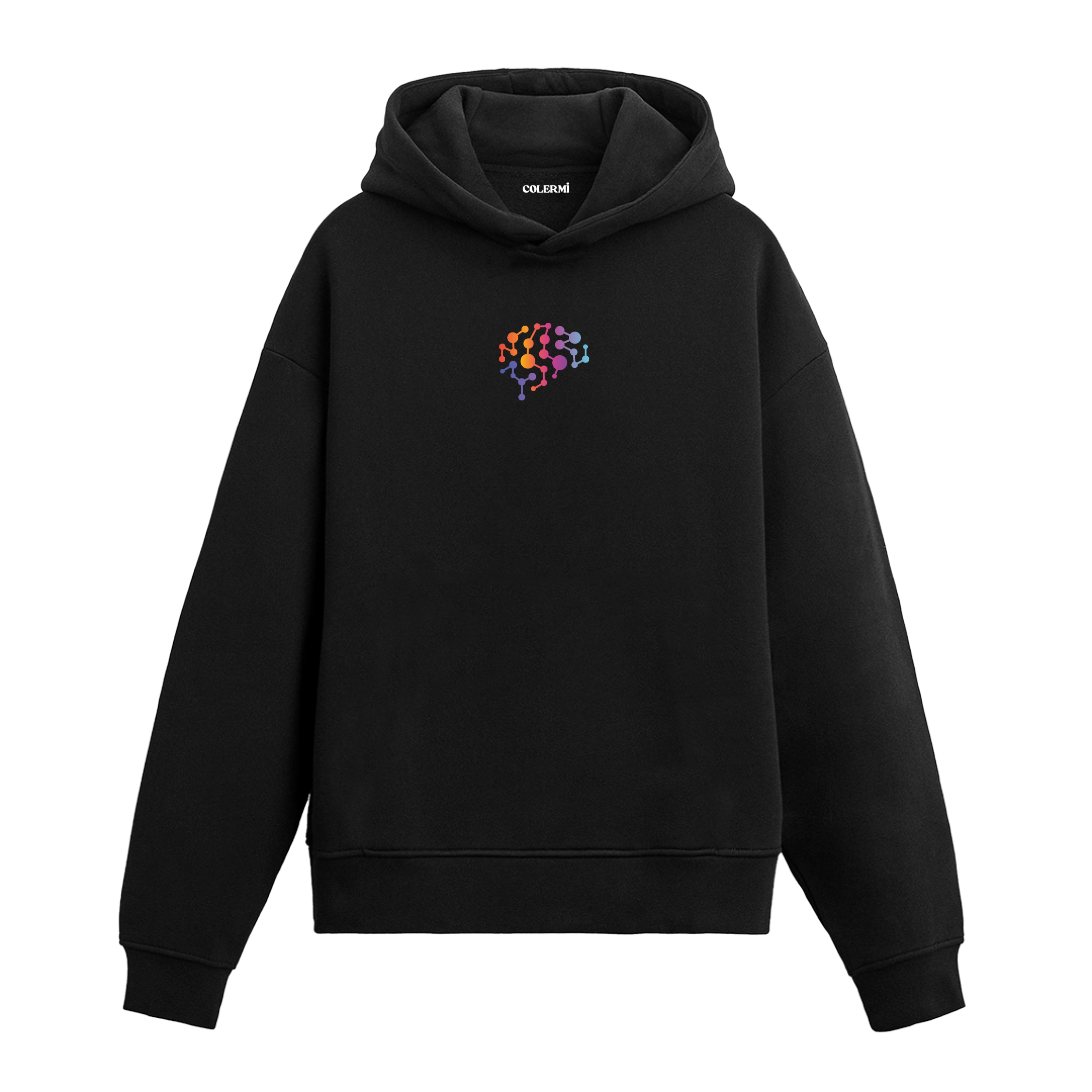 Siyah hoodie üzerinde bağlantı noktalarıyla tasarlanmış beyin baskısı
