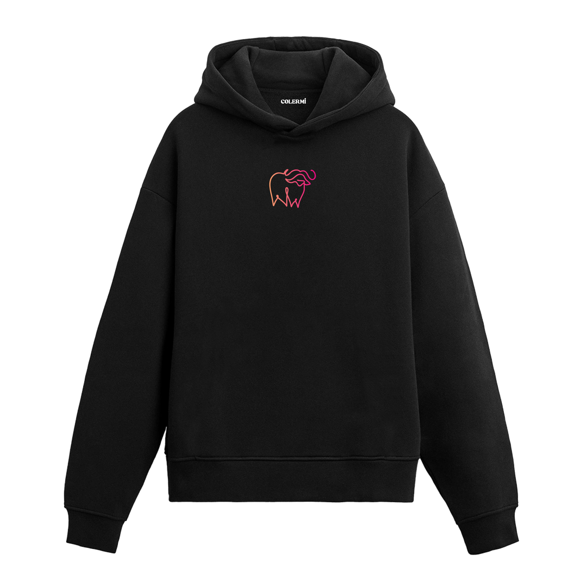 Siyah hoodie üzerinde minimal boğa baskısı