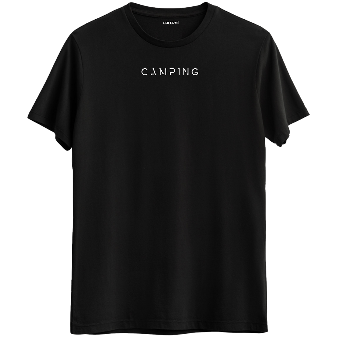 Doğa tutkunları için özel tasarlanmış "Camping" yazılı siyah Bisiklet Yaka T-Shirt.