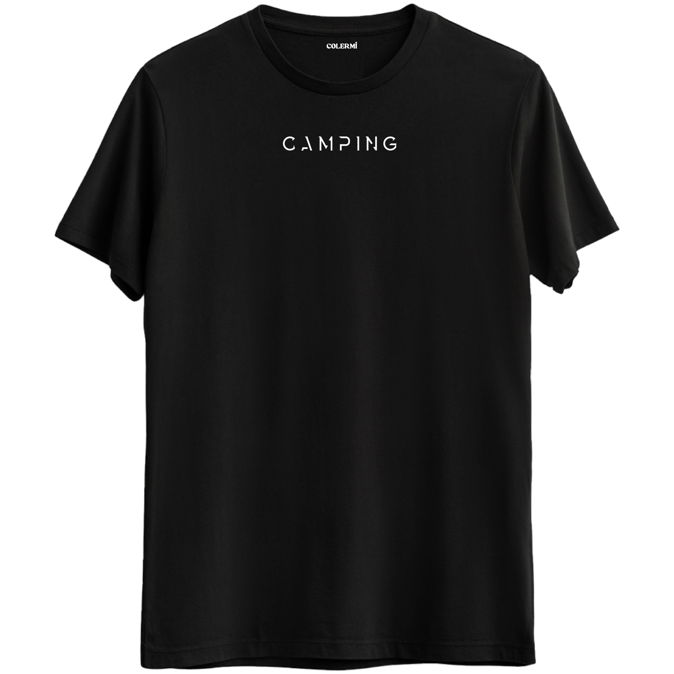 Doğa tutkunları için özel tasarlanmış "Camping" yazılı siyah Bisiklet Yaka T-Shirt.