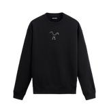 Siyah sweatshirt üzerinde göğüs kısmında beyaz çizgilerle oluşturulmuş minimal hareketli figür tasarımı.