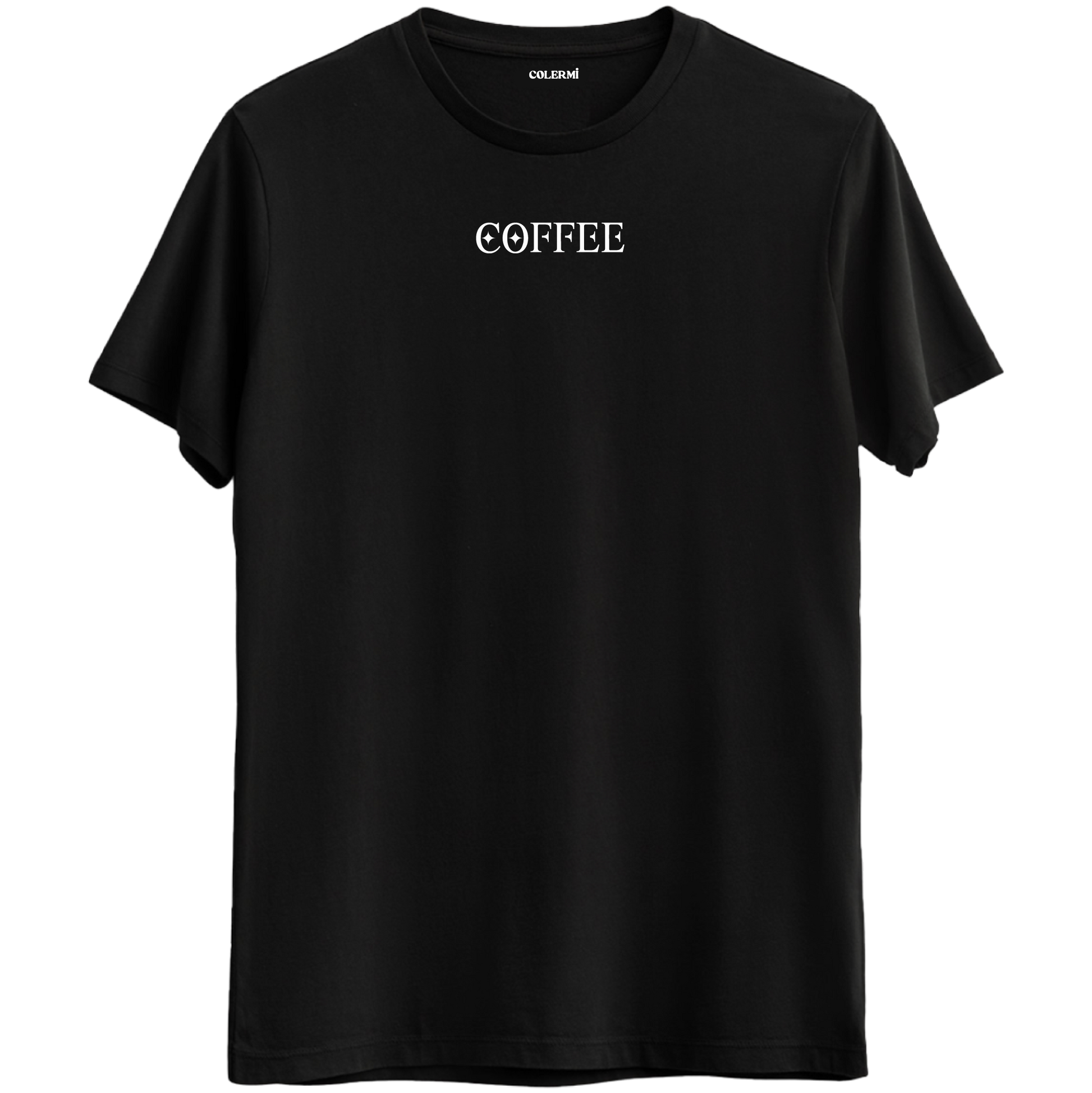 Kahve tutkunları için özel tasarlanmış "Coffee" yazılı siyah Bisiklet Yaka T-Shirt.