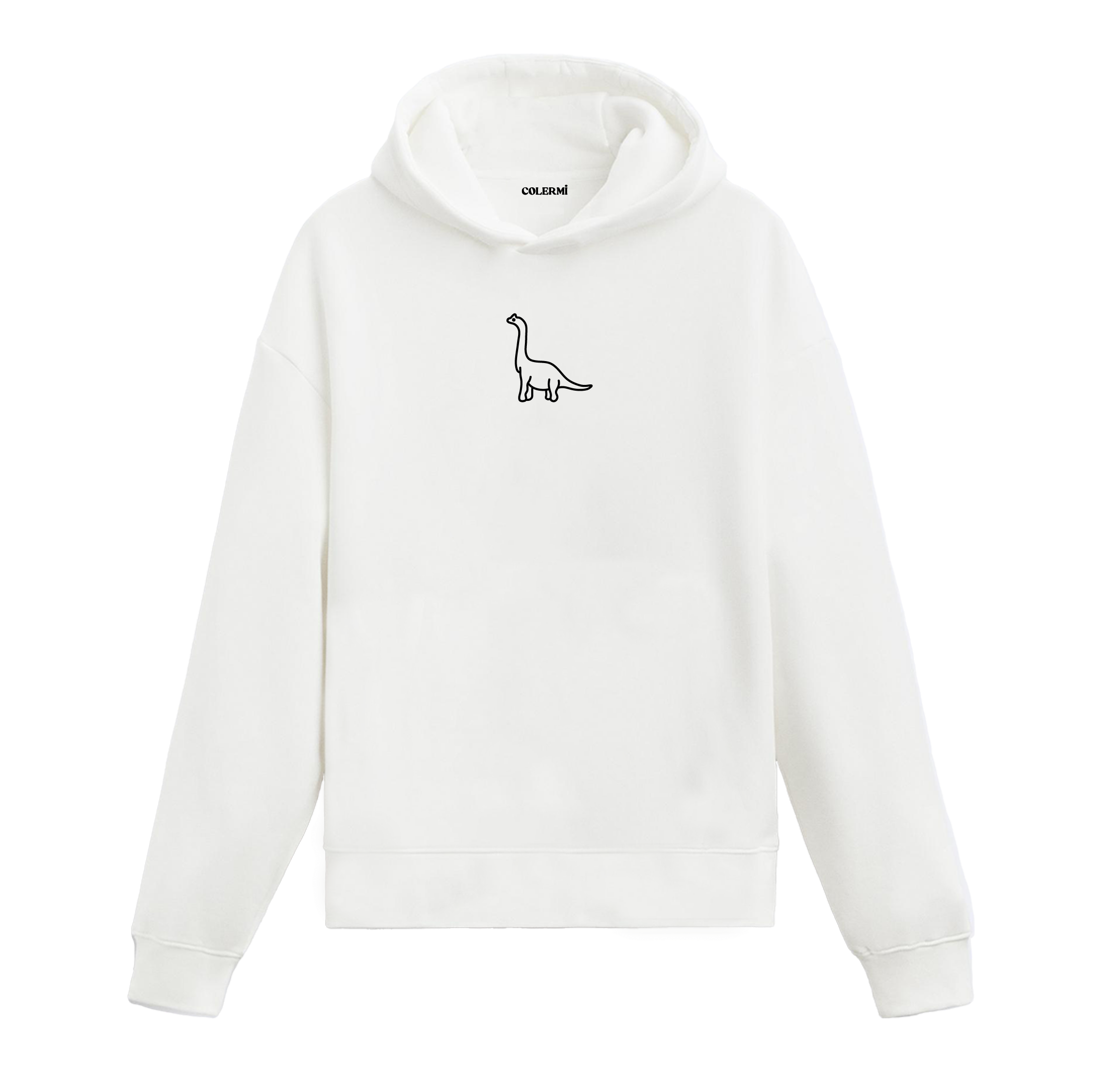 Beyaz minimal dinozor baskılı hoodie ile modern ve sade stilini öne çıkar. Günlük kullanım için ideal tasarım.