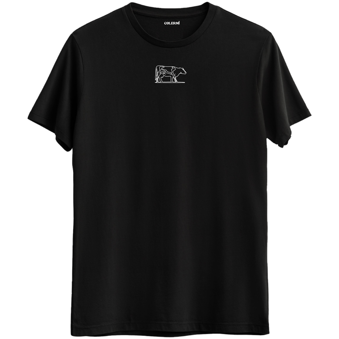 Doğaya duyulan saygıyı yansıtan minimal inek baskılı siyah Bisiklet Yaka T-Shirt.