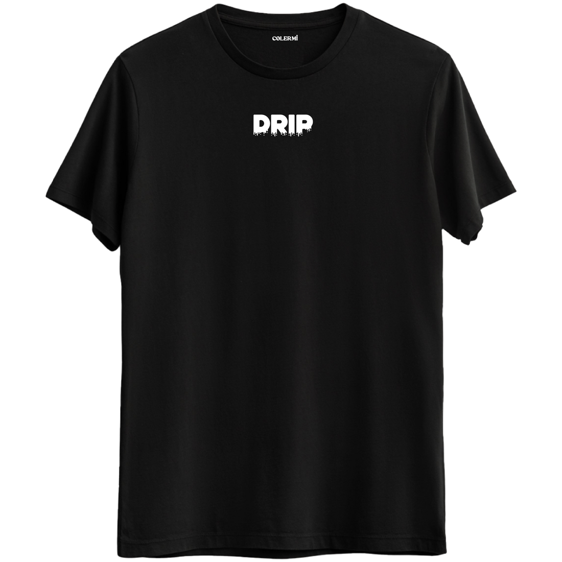 Modern sokak stilini yansıtan "Drip" yazılı siyah Bisiklet Yaka T-Shirt.