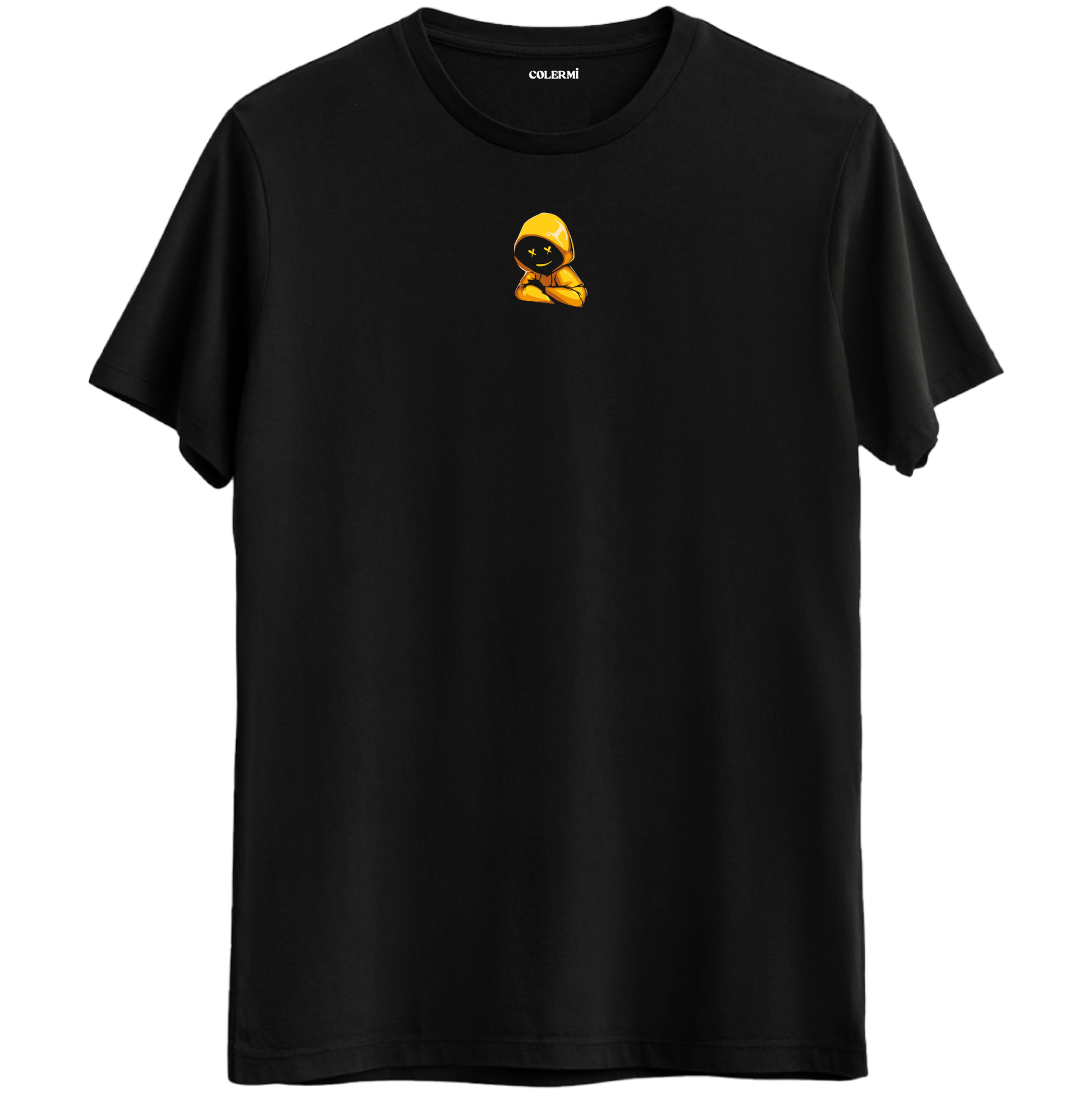 Gizemin ve cool tarzın birleştiği minimal kapüşonlu karakter baskılı siyah Bisiklet Yaka T-Shirt.