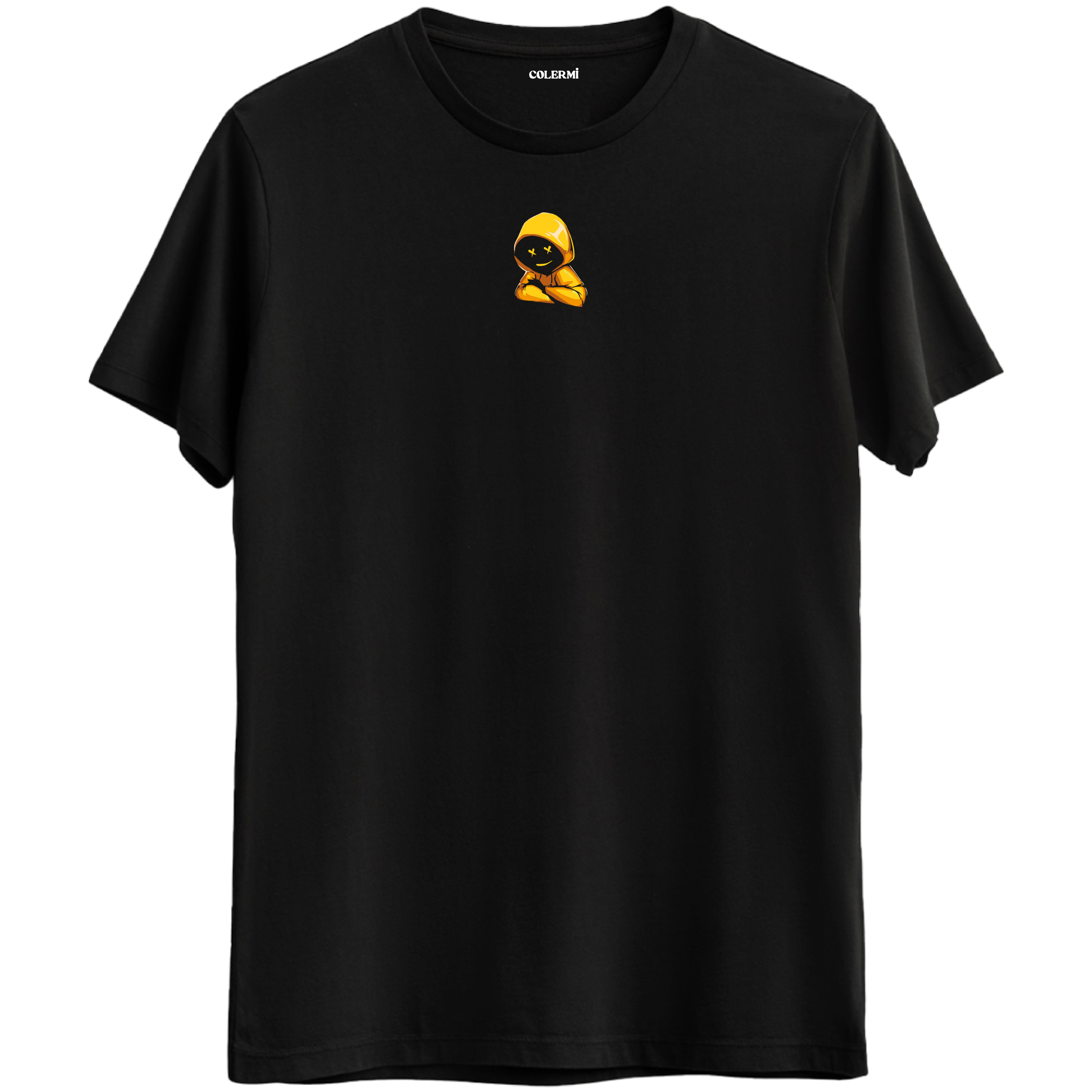 Gizemin ve cool tarzın birleştiği minimal kapüşonlu karakter baskılı siyah Bisiklet Yaka T-Shirt.