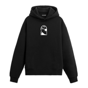 Siyah hoodie üzerinde pencere ve güneş baskısı