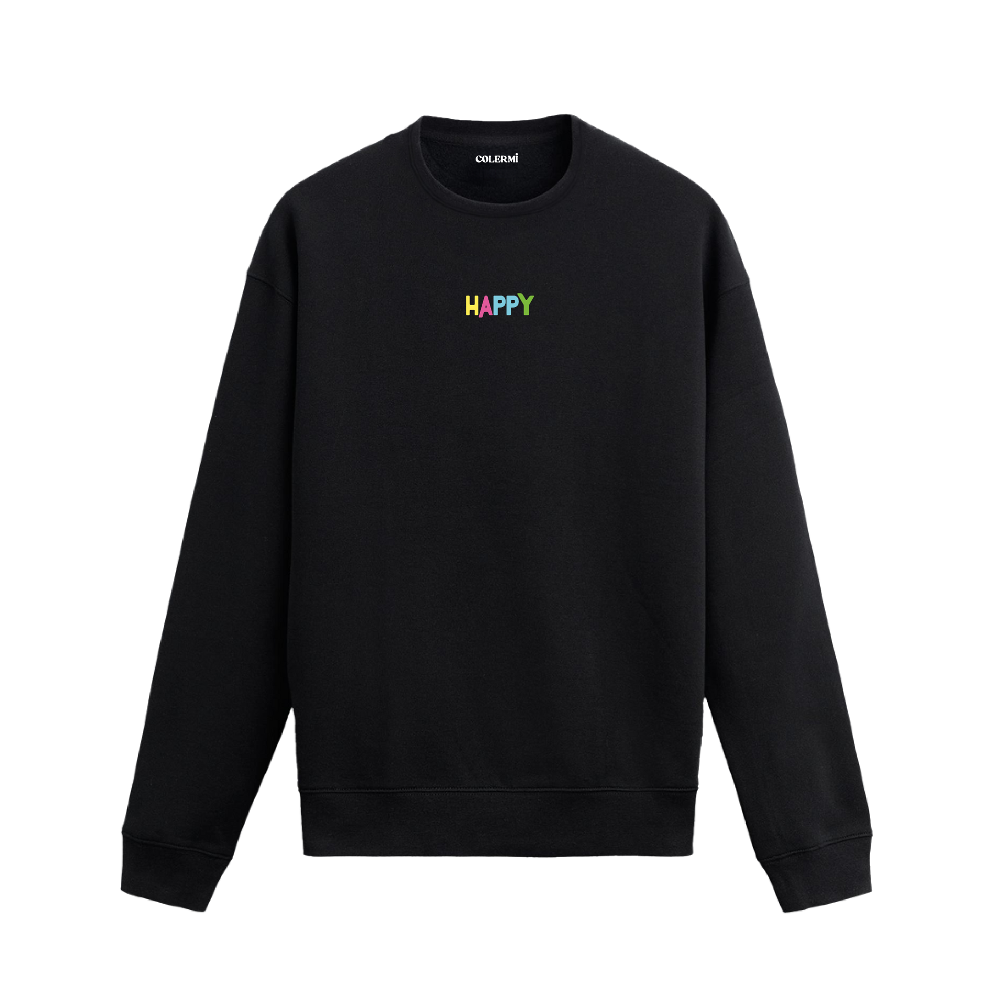Siyah sweatshirt üzerinde renkli harflerle yazılmış "HAPPY" kelimesi.