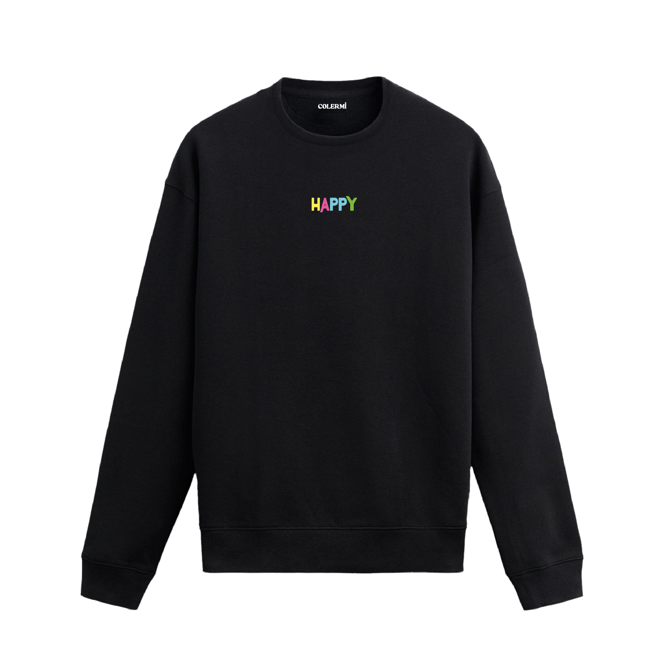 Siyah sweatshirt üzerinde renkli harflerle yazılmış "HAPPY" kelimesi.