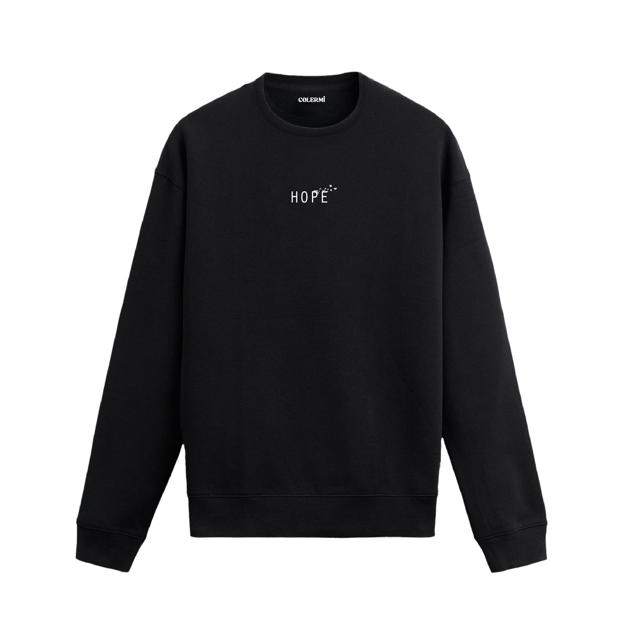 Siyah sweatshirt üzerinde göğüs kısmında beyaz "HOPE" yazısı ve üzerinde uçan küçük kuş figürleri bulunan minimal tasarım.