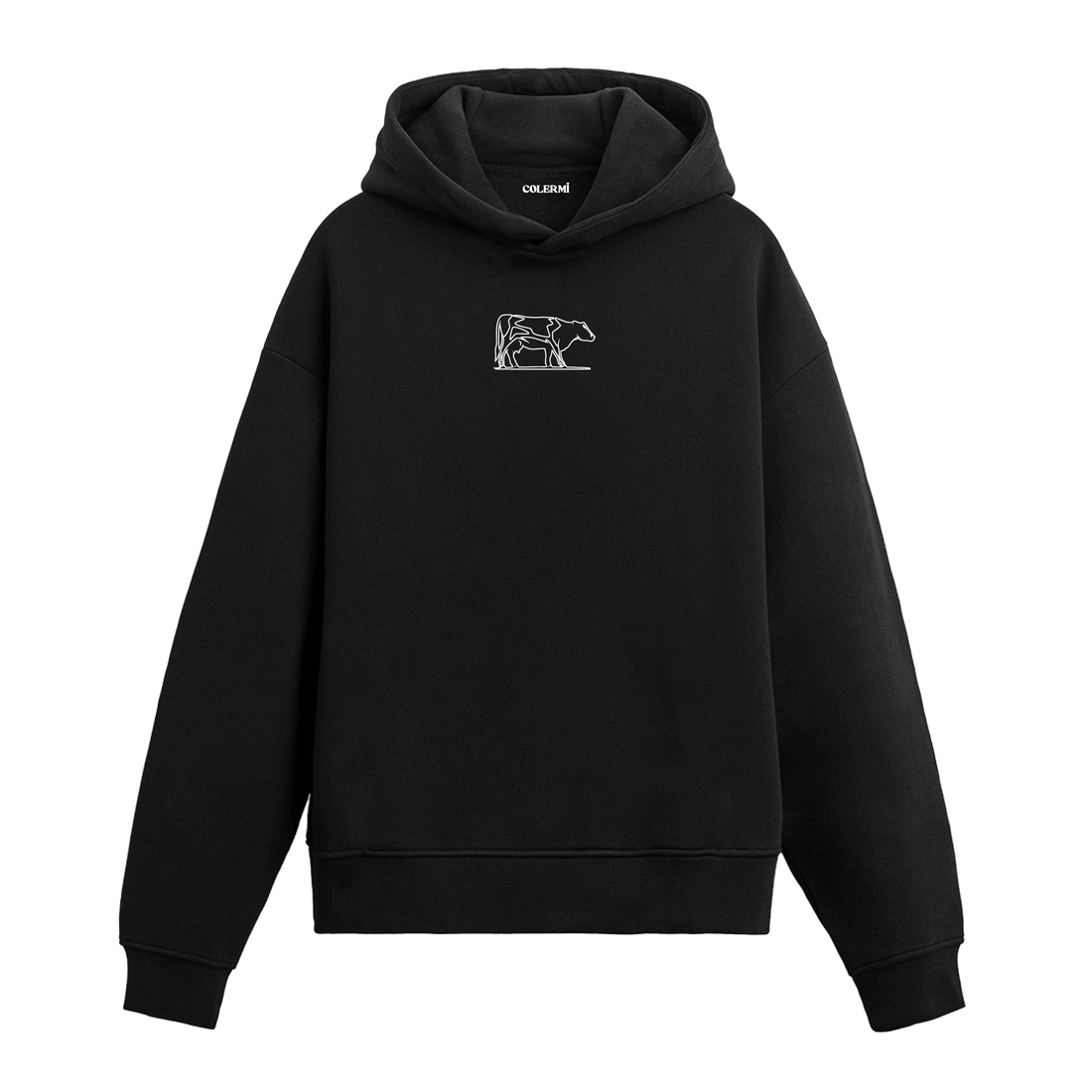 Siyah hoodie, çizgi sanatından ilham alınmış minimal inek baskısı, pamuklu modern hoodie