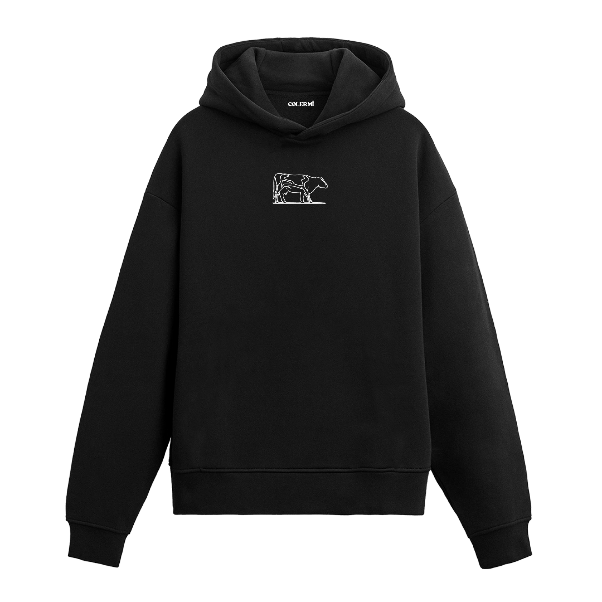 Siyah hoodie, çizgi sanatından ilham alınmış minimal inek baskısı, pamuklu modern hoodie