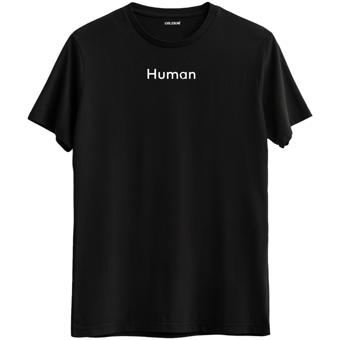 İnsan olmanın anlamını taşıyan minimal "Human" baskılı siyah Bisiklet Yaka T-Shirt.