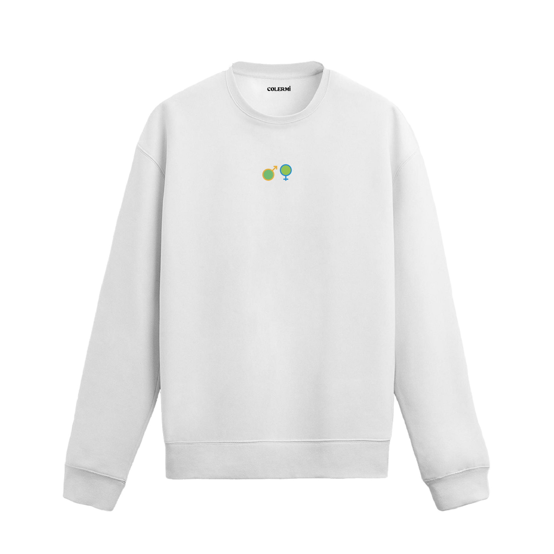 Siyah sweatshirt üzerinde minimal kadın ve erkek sembolleri detayı.